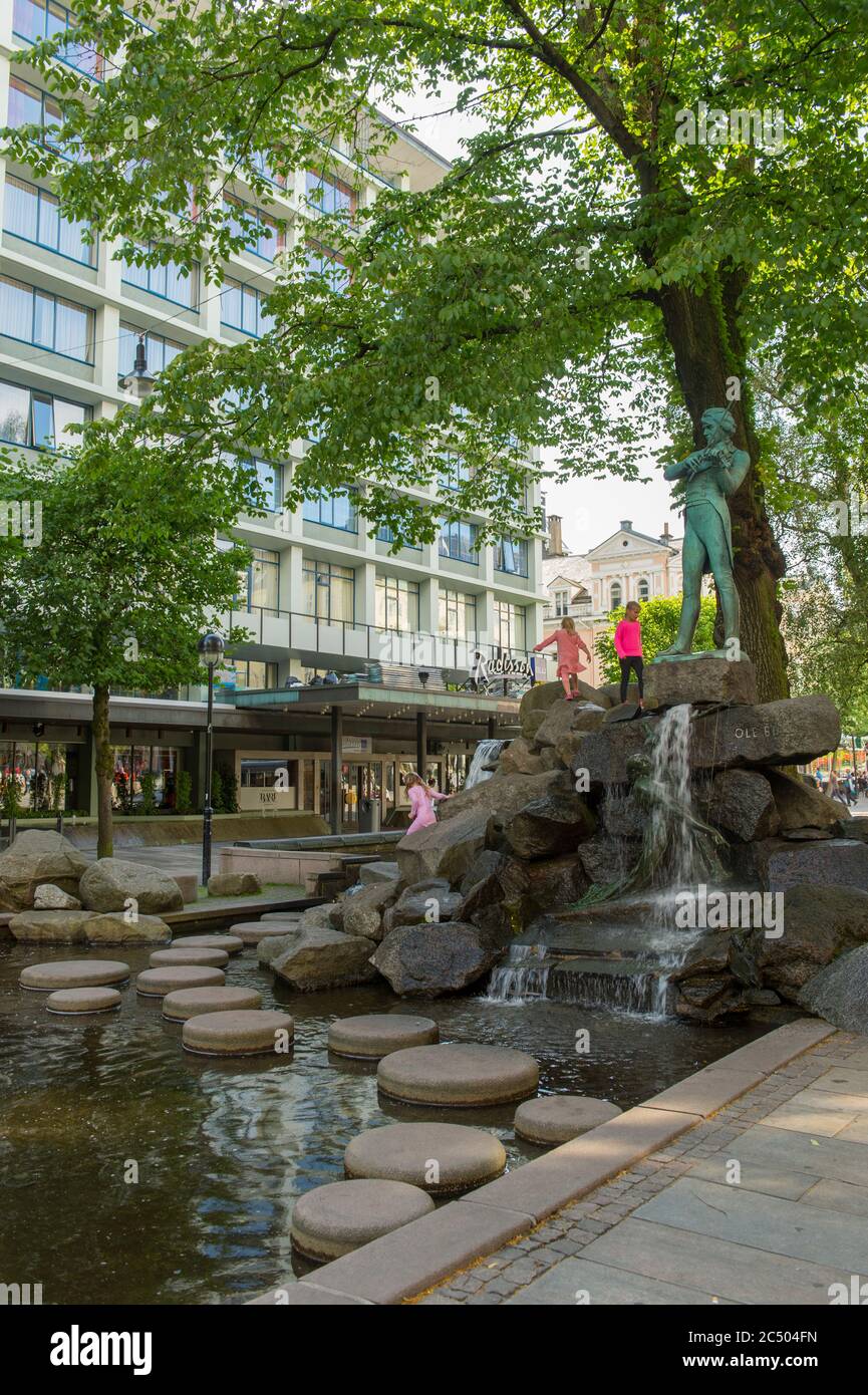 Statue of Ole Bornemann Bull, a Norwegian violinist and composer, in a downtown park in the city of Bergen, Norway. Stock Photo