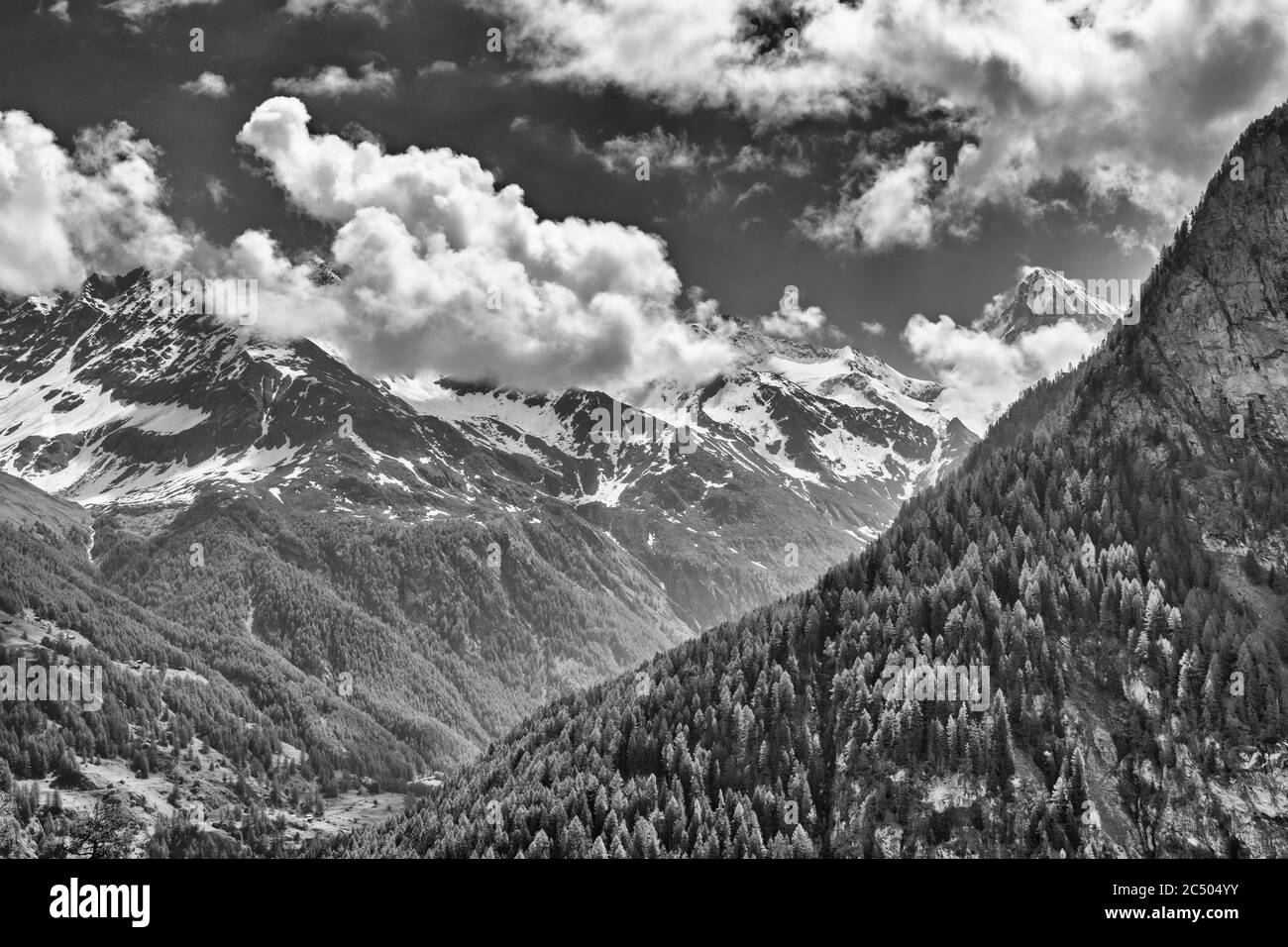 Switzerland, Valais Canton, Val d'Herens, view from road to Arolla, monochrome Stock Photo