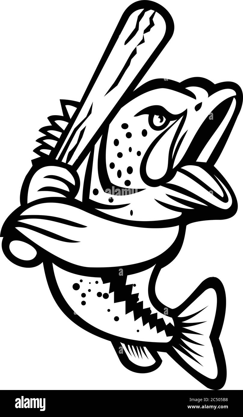 Black and white mascot illustration of a largemouth bass, bucketmouth or bigmouth bass with baseball bat batting viewed from side on isolated backgrou Stock Vector