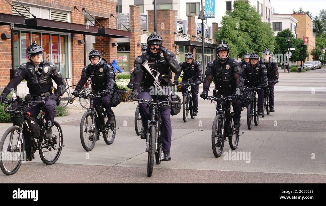 Auburn, WA/USA – June 2: Street View Protesters Gather while Police keep watch at City Hall to March for George Floyd Auburn on June 2, 2020 Stock Photo