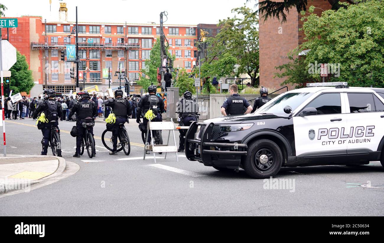 Auburn, WA/USA – June 2: Street View Protesters Gather while Olice keep watch at City Hall to March for George Floyd Auburn on June 2, 2020 Stock Photo