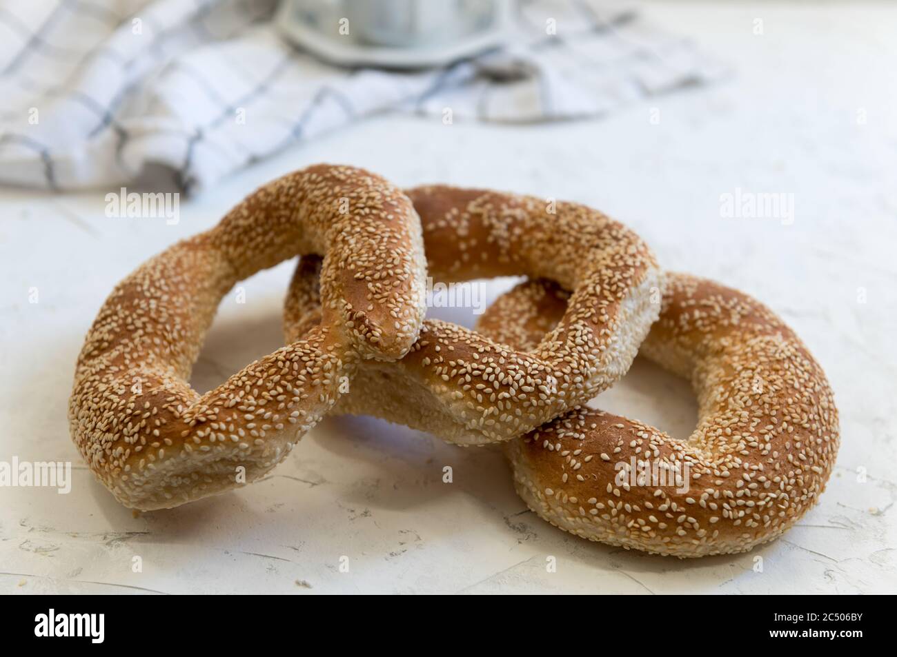 Turkish Simit bread encrusted with sesame seeds.Usually enjoyed with coffee. Stock Photo