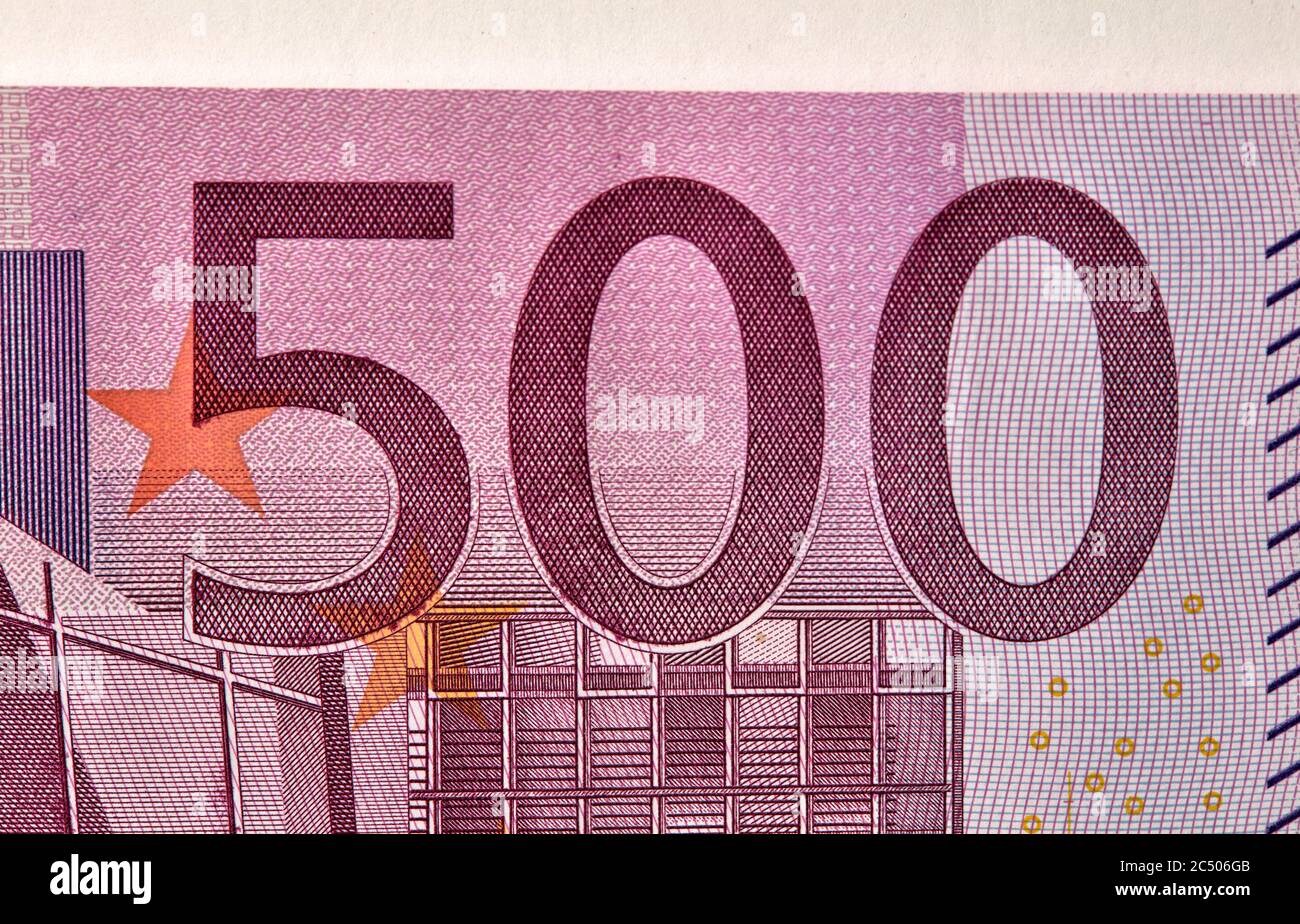 Five houndreds euro banknotes. 500 Euro paper cash. European Union Currency. macro fragment banknote. High resolution photo. Stock Photo