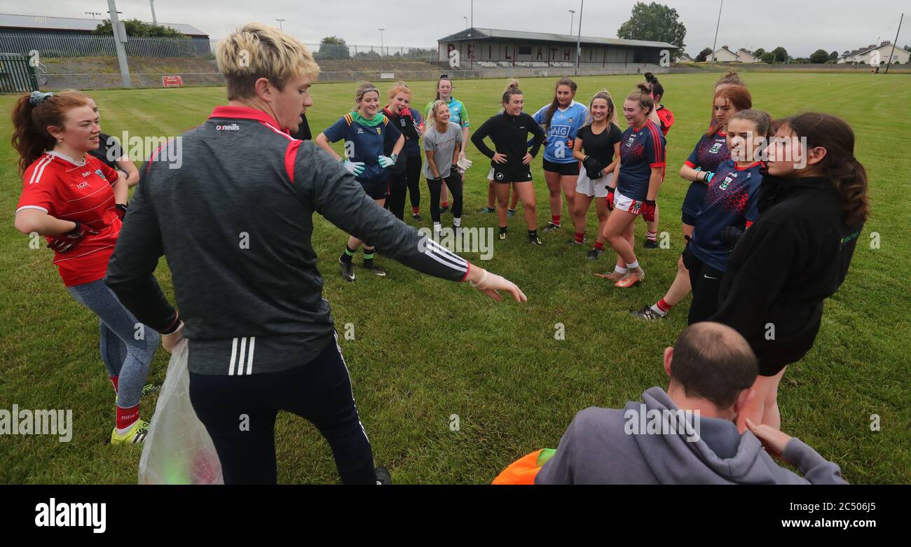 Kidare intercounty footballer Kevin Feely hosts a session a members of the Athy senior ladies Gaelic football team training for the first time since the Covid-19 lockdown as Ireland enters phase 3 of its Coronavirus road map. Stock Photo