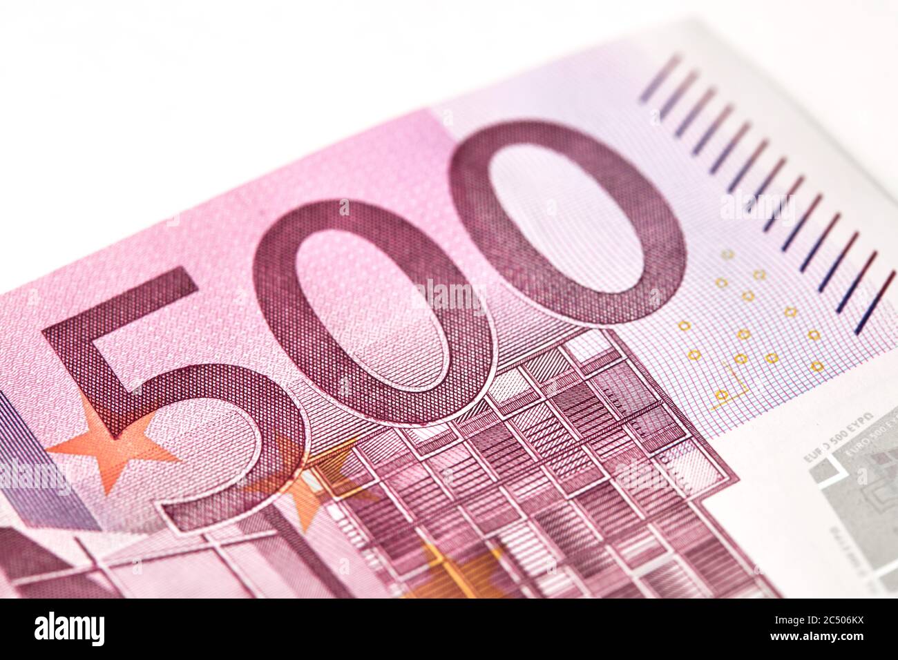 Five houndreds euro banknotes. 500 Euro paper cash. European Union Currency. macro fragment banknote. High resolution photo. Stock Photo