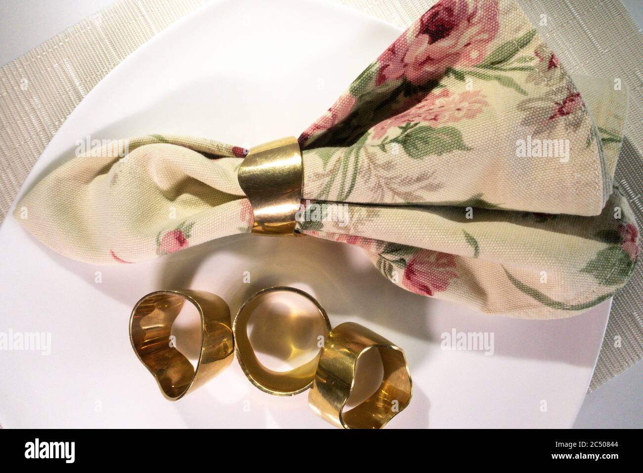 Solid brass napkin rings, USA Stock Photo