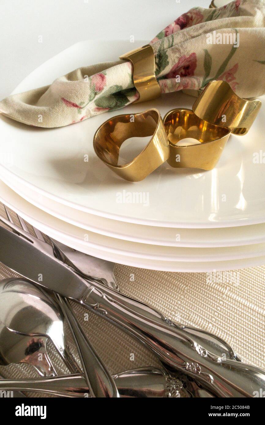 Solid brass napkin rings, USA Stock Photo