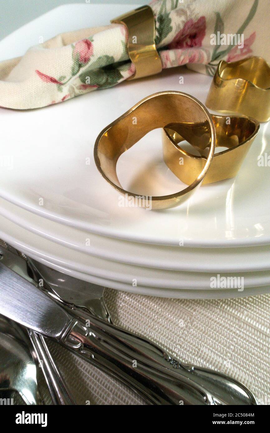 Solid brass napkin rings, USA Stock Photo