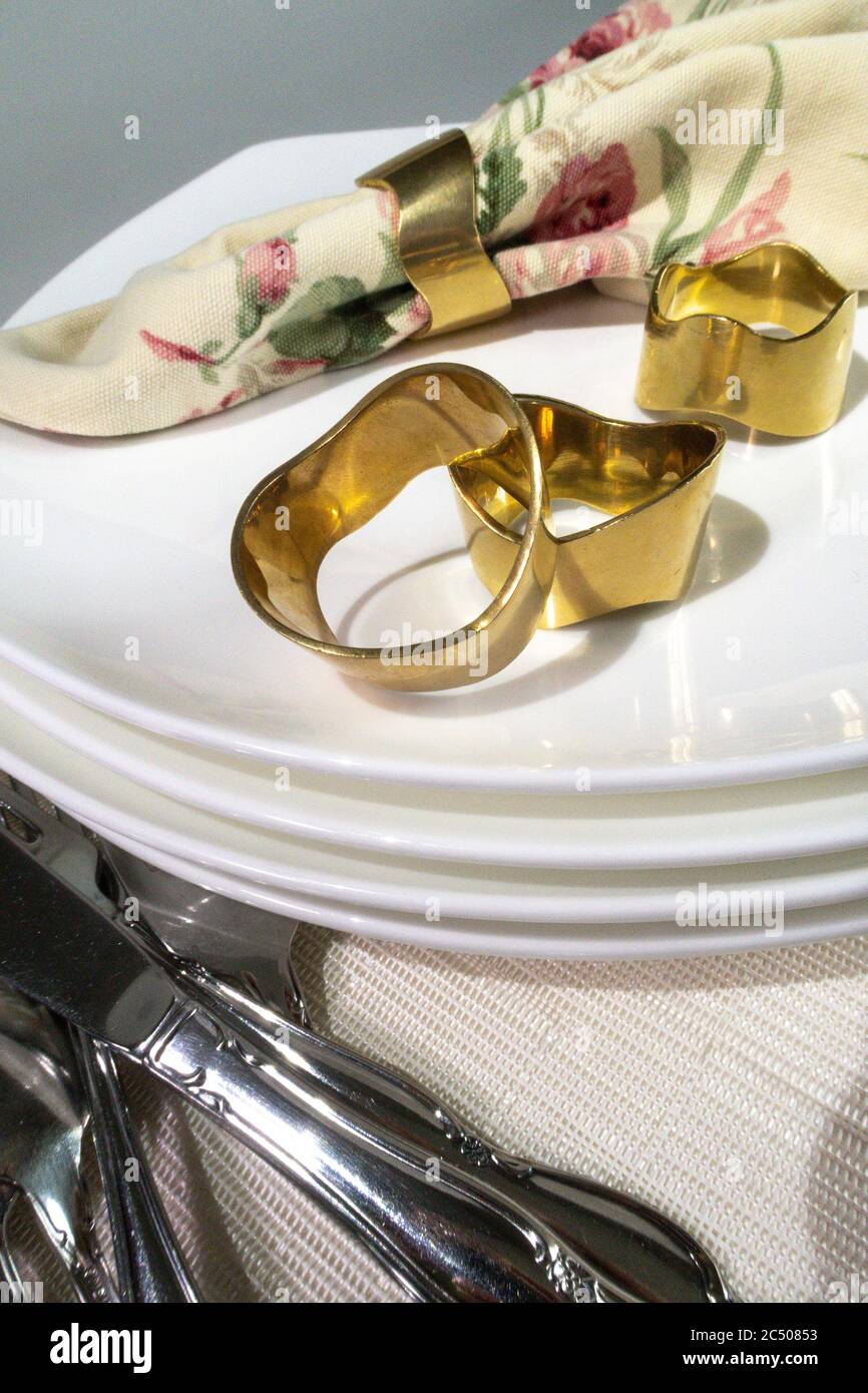 Solid brass napkin rings, USA Stock Photo Alamy