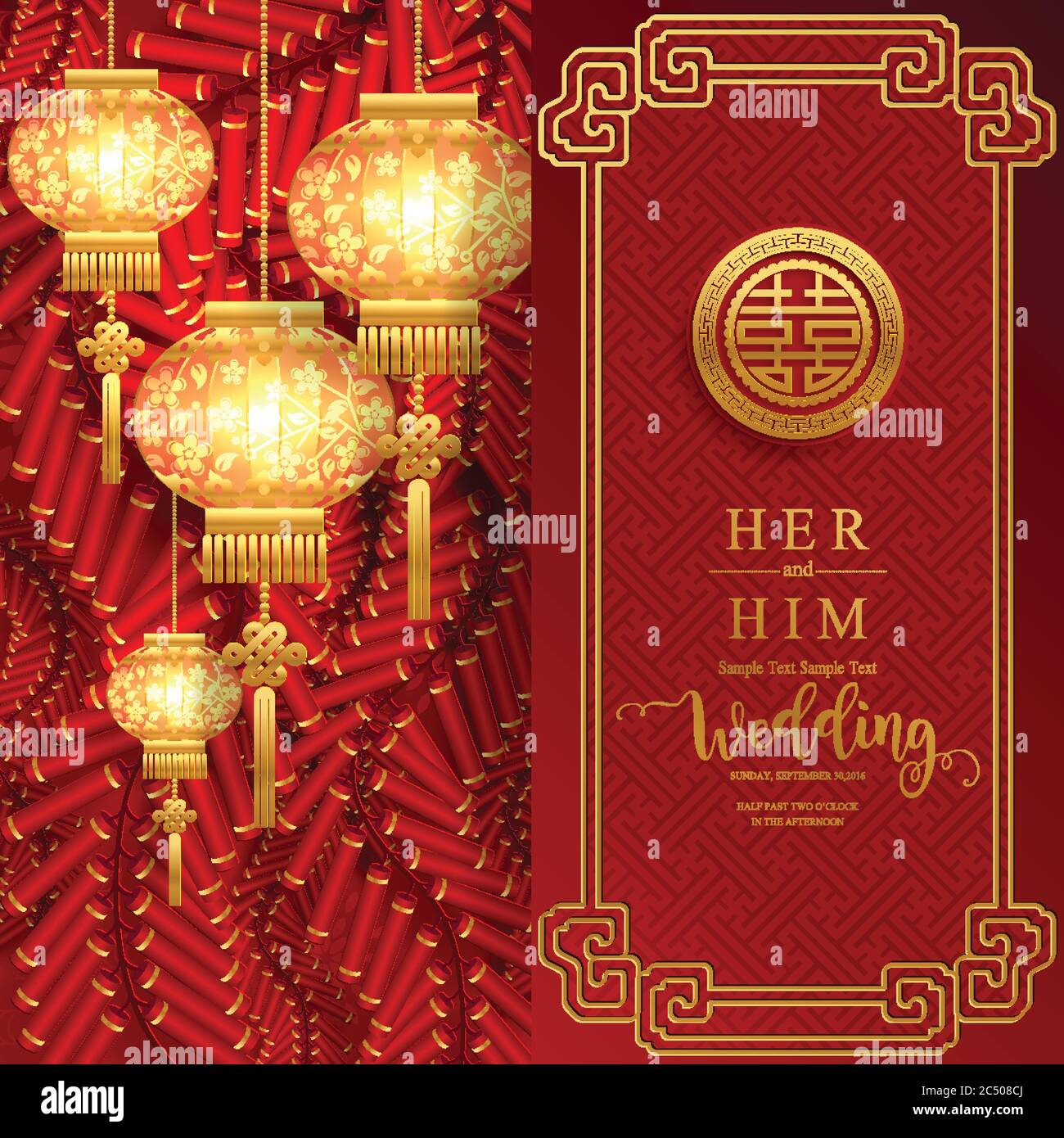chinese oriental wedding Invitation card templates with beautiful patterned on paper color Background. Stock Vector