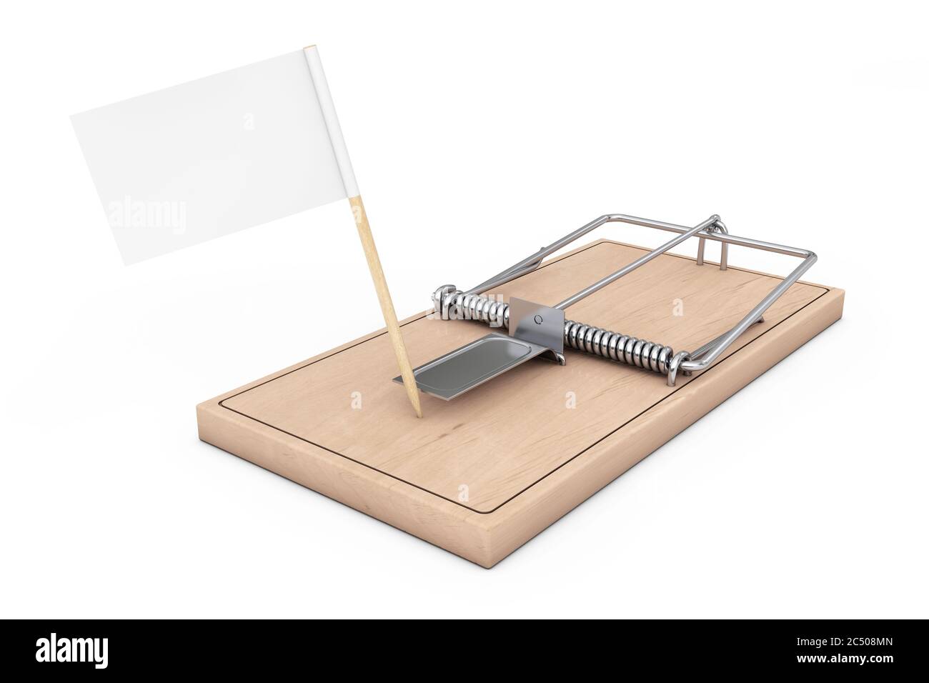 Wooden Mousetrap with Blank Flag for Your Sign on a white background. 3d Rendering. Stock Photo