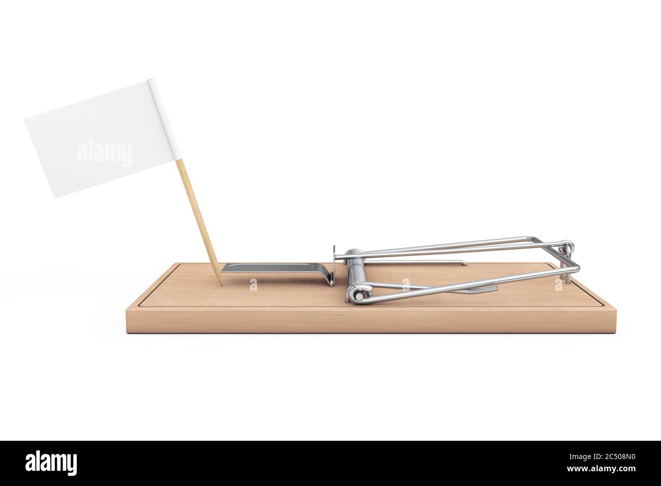 Wooden Mousetrap with Blank Flag for Your Sign on a white background. 3d Rendering. Stock Photo