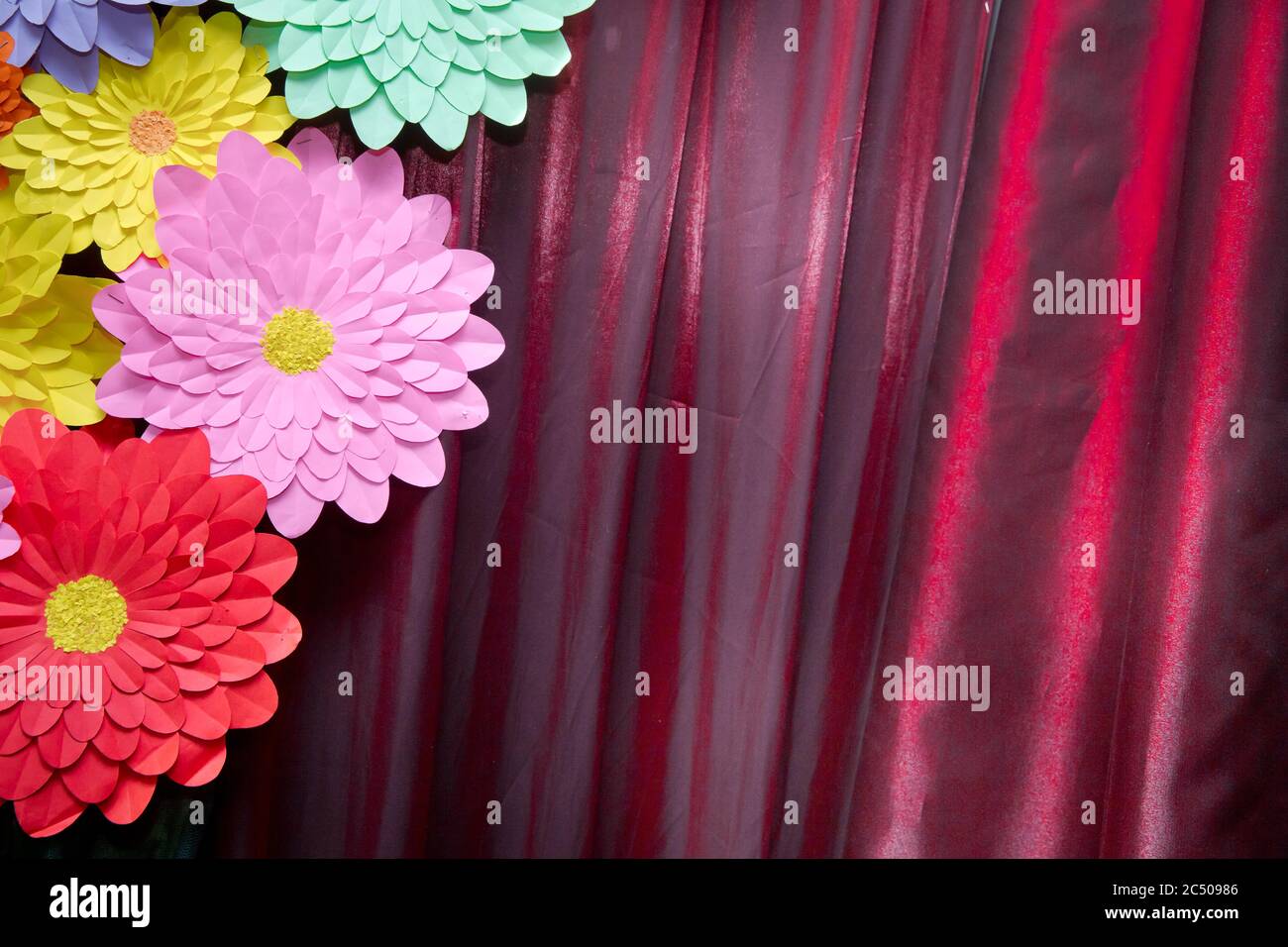 Paper flower. Glade of multicolored flowers. Red curtain background