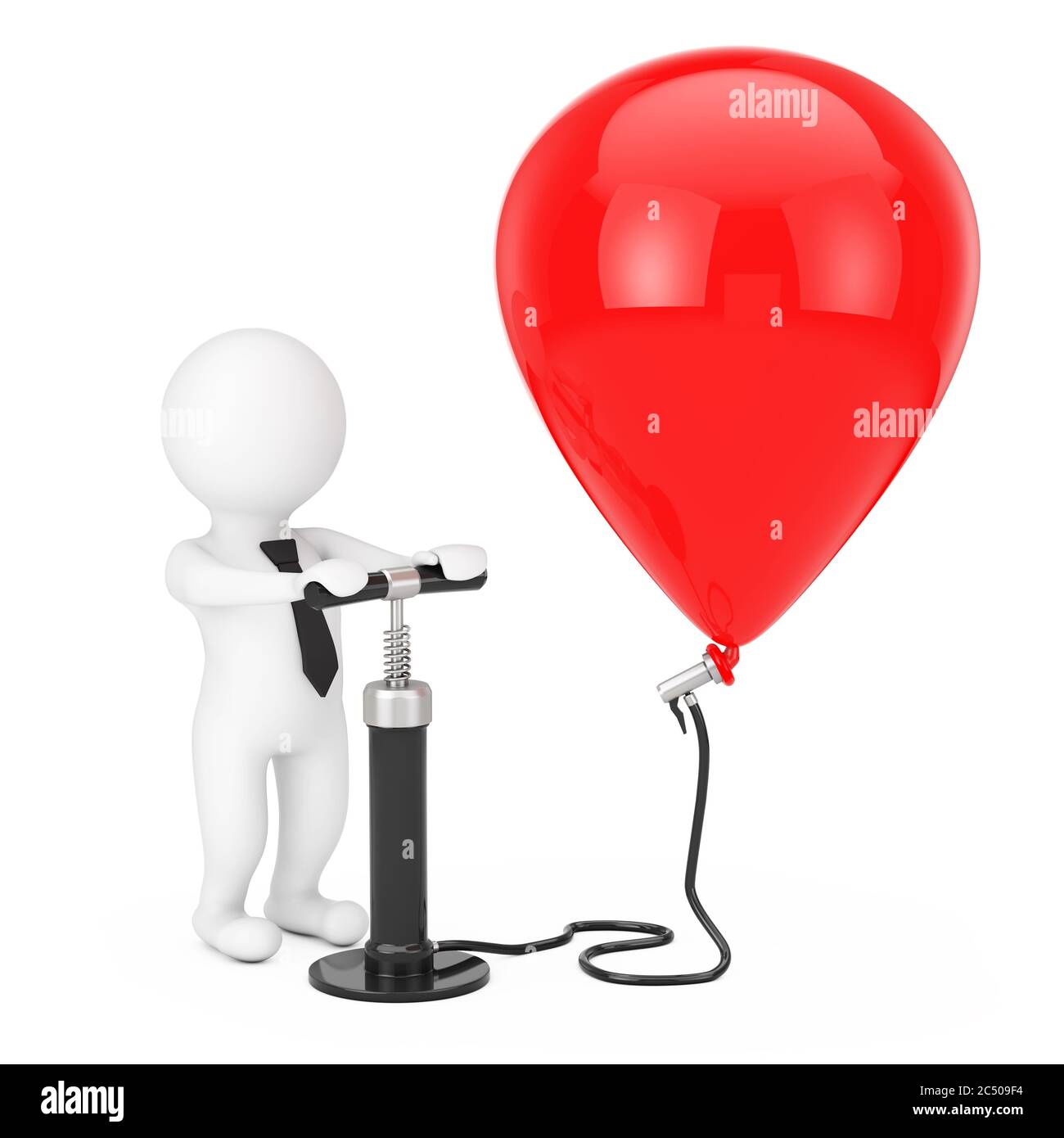3d Person Businessman with Black Hand Air Pump inflates Red Balloon on