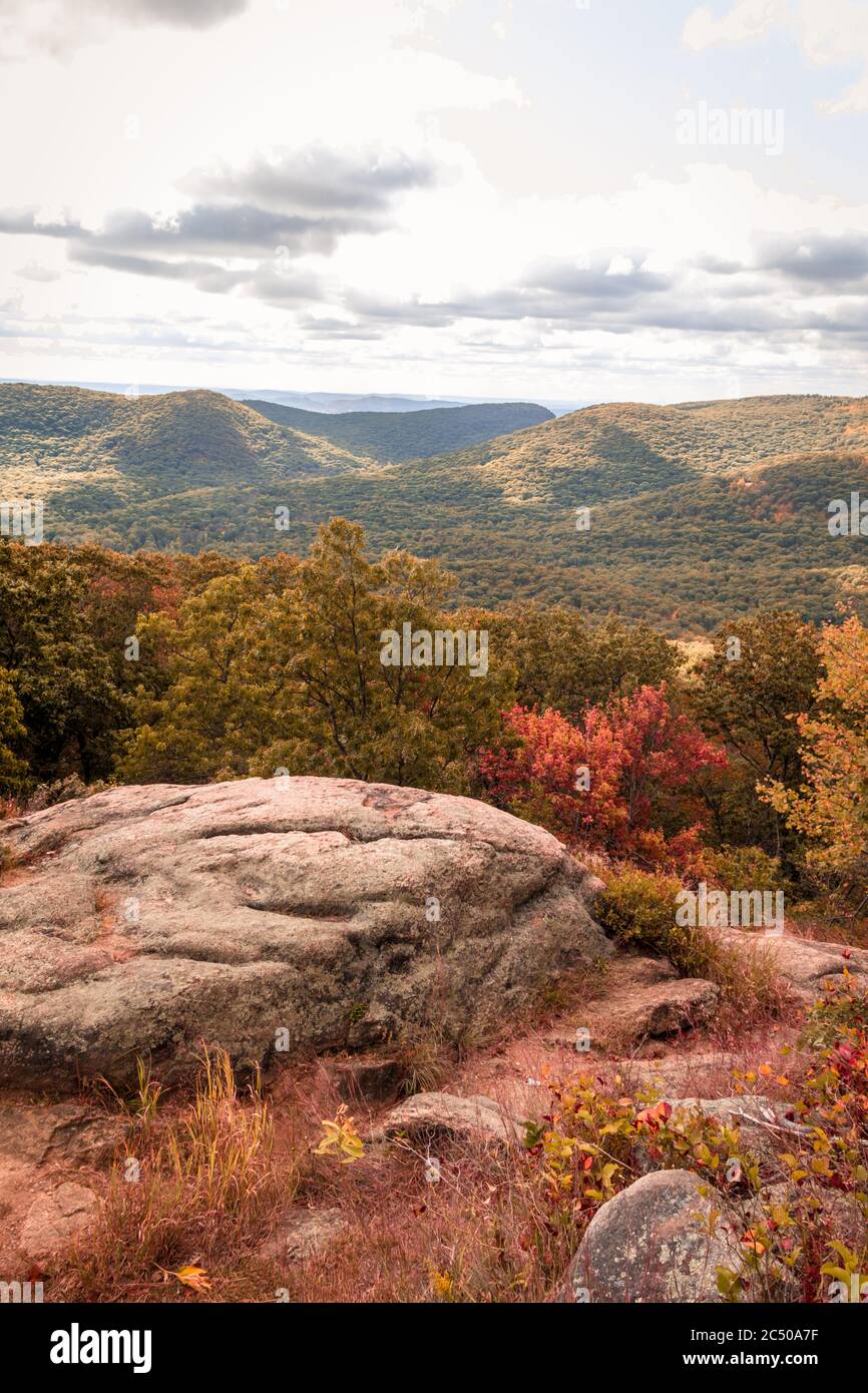 Bear Mountain State Park looking out at mountains with early fall