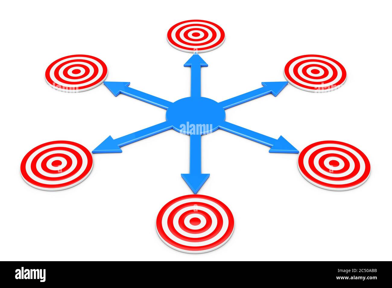 Blue Arrows as Different Ways to Targets on a white background. 3d Rendering. Stock Photo