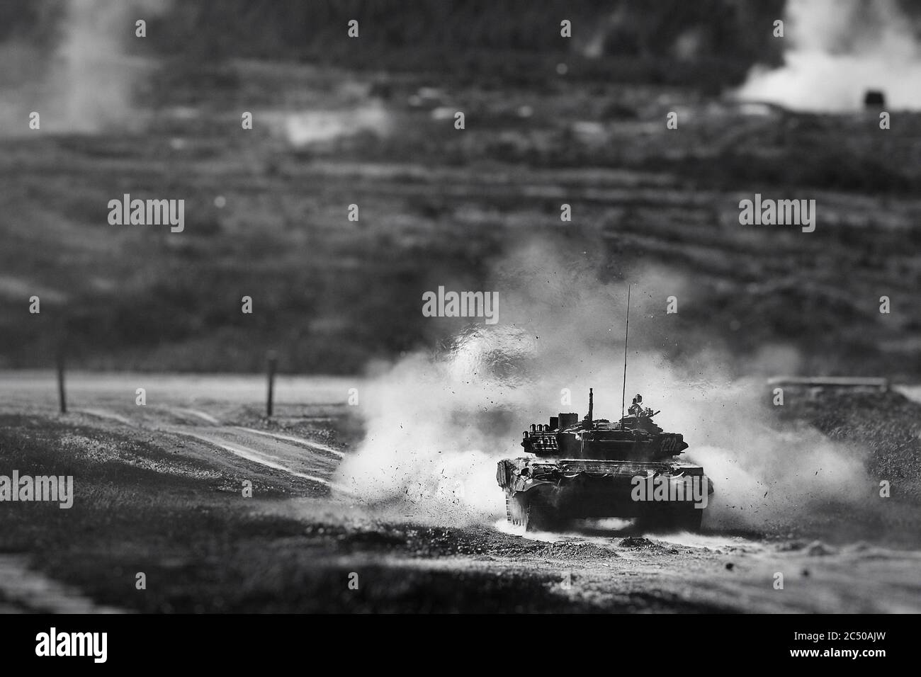 Shot from a tank. Russian tank shot on range. Smoke, explosions