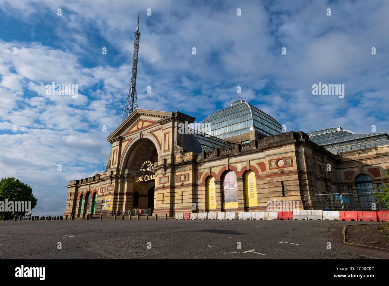 A view of the East Court of Alexandra Palace on a beautiful day. A historical north London landmark and successful events and sports venue. Stock Photo