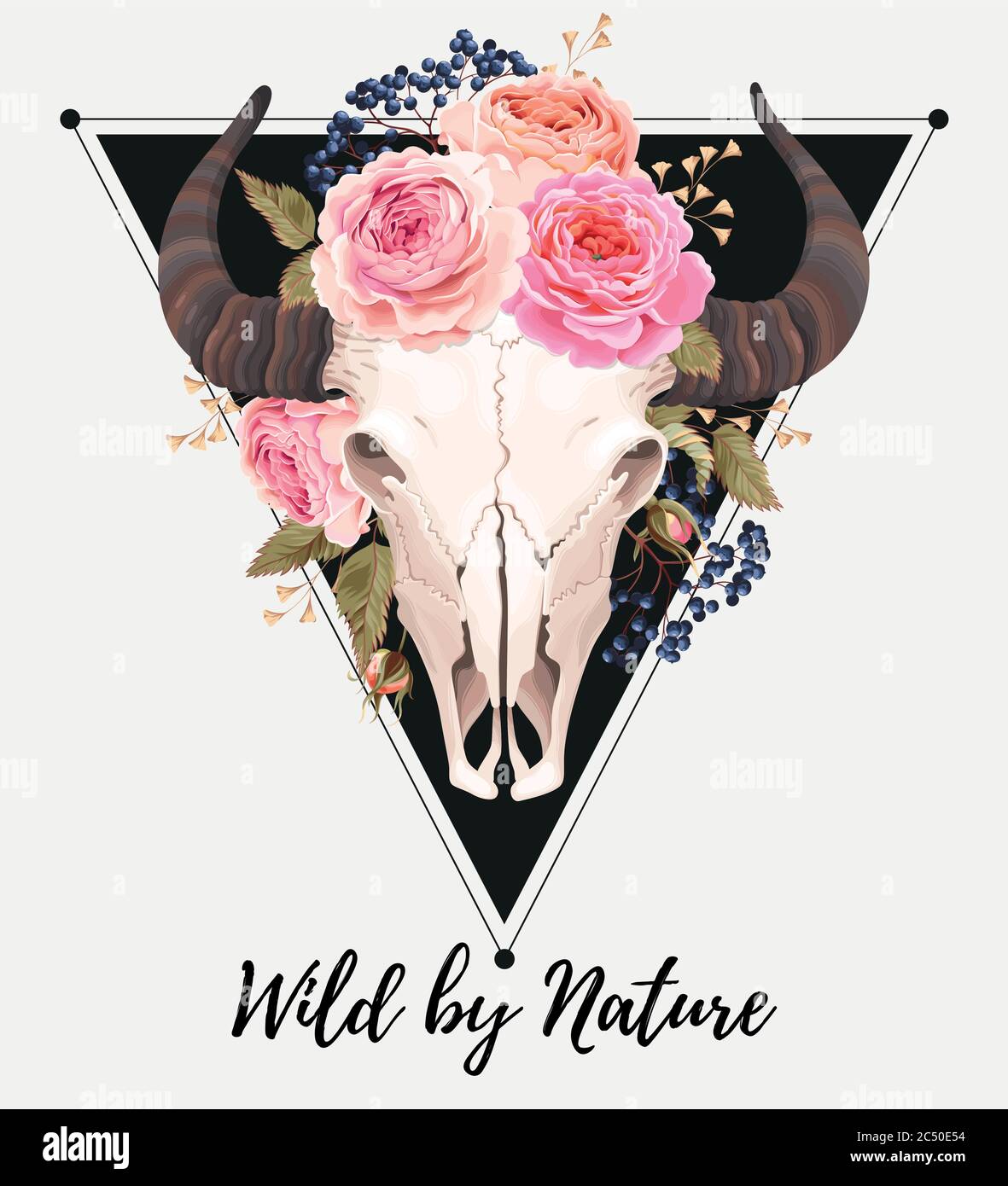 Buffalo skull decorated with flowers Stock Vector