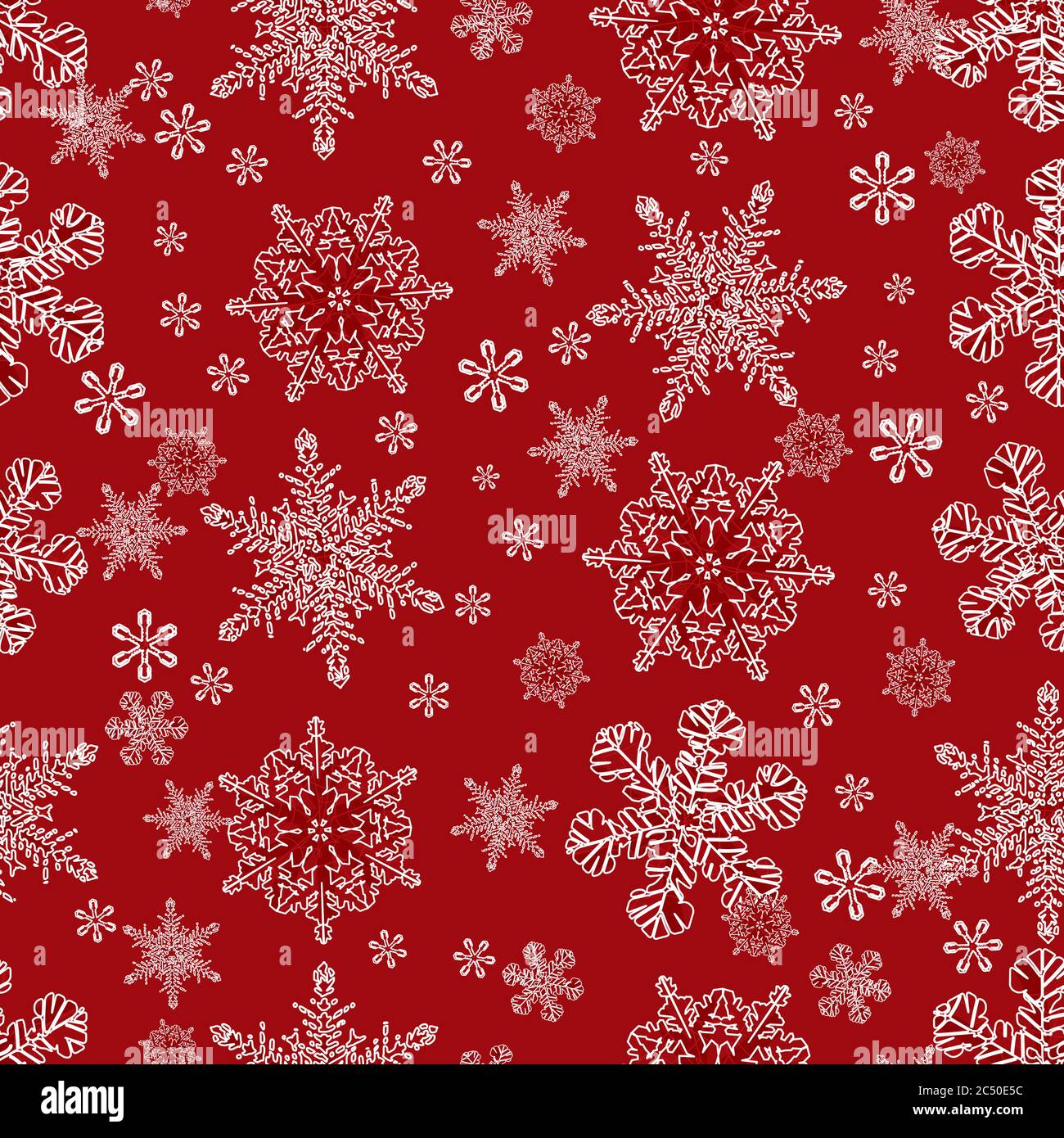 Vector red monochrome large snowflakes and scattered small snowflakes seamless background. Suitable for textile, gift wrap and wallpaper. Stock Vector