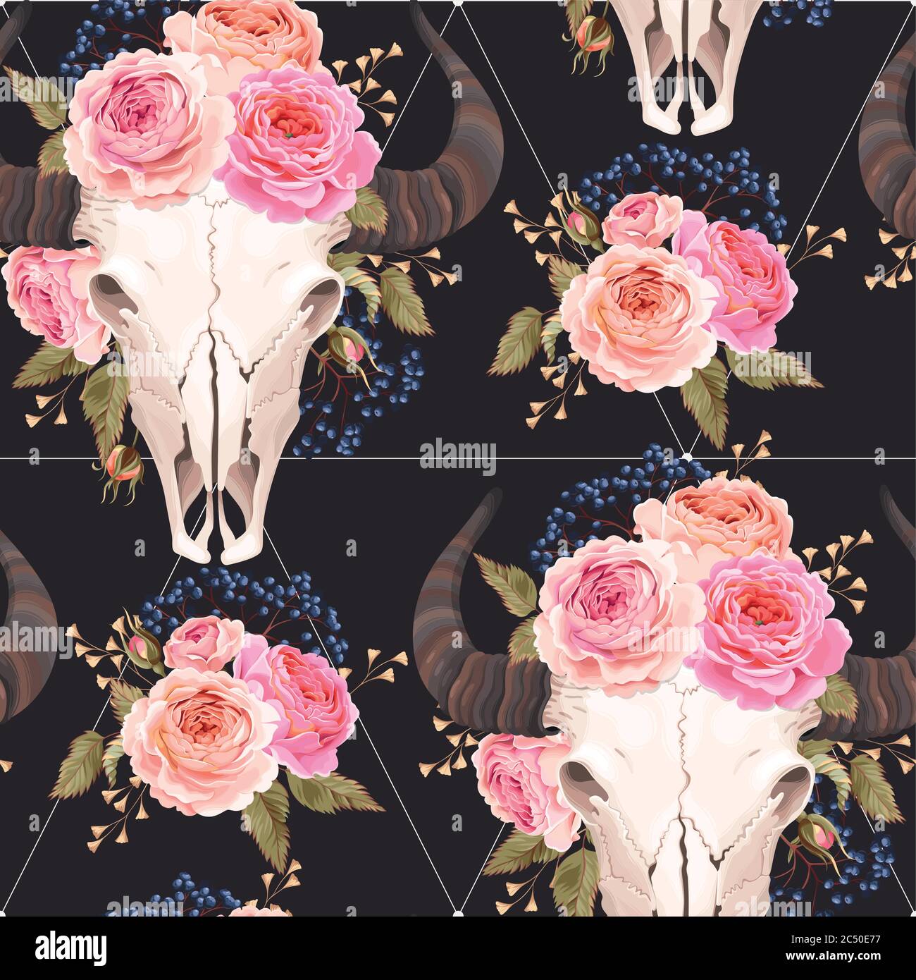 Buffalo skull decorated with flowers seamless Stock Vector