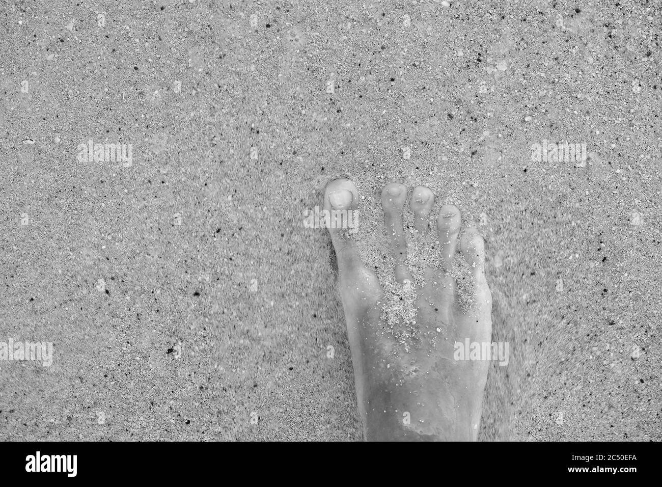 Ocean foam washes the tourist's feet. Wave On Sandy Beach. Background. Splash of waves on the