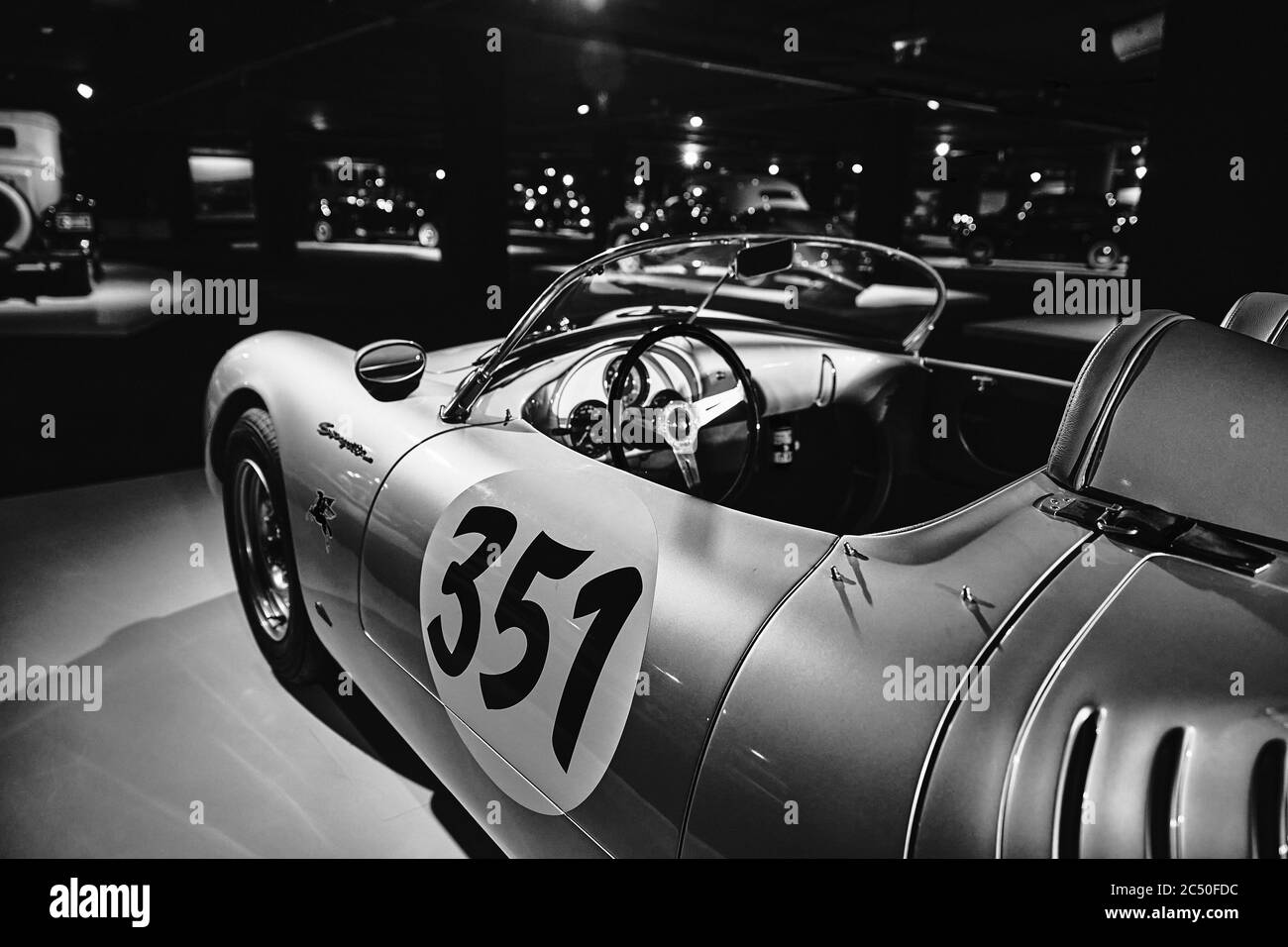 Porsche 550 Spyder. Legendary first Porsche racing car. Vintage racing car on cars exhibition. Classic Car exhibition - Heydar Aliyev Center, Baku, Az Stock Photo