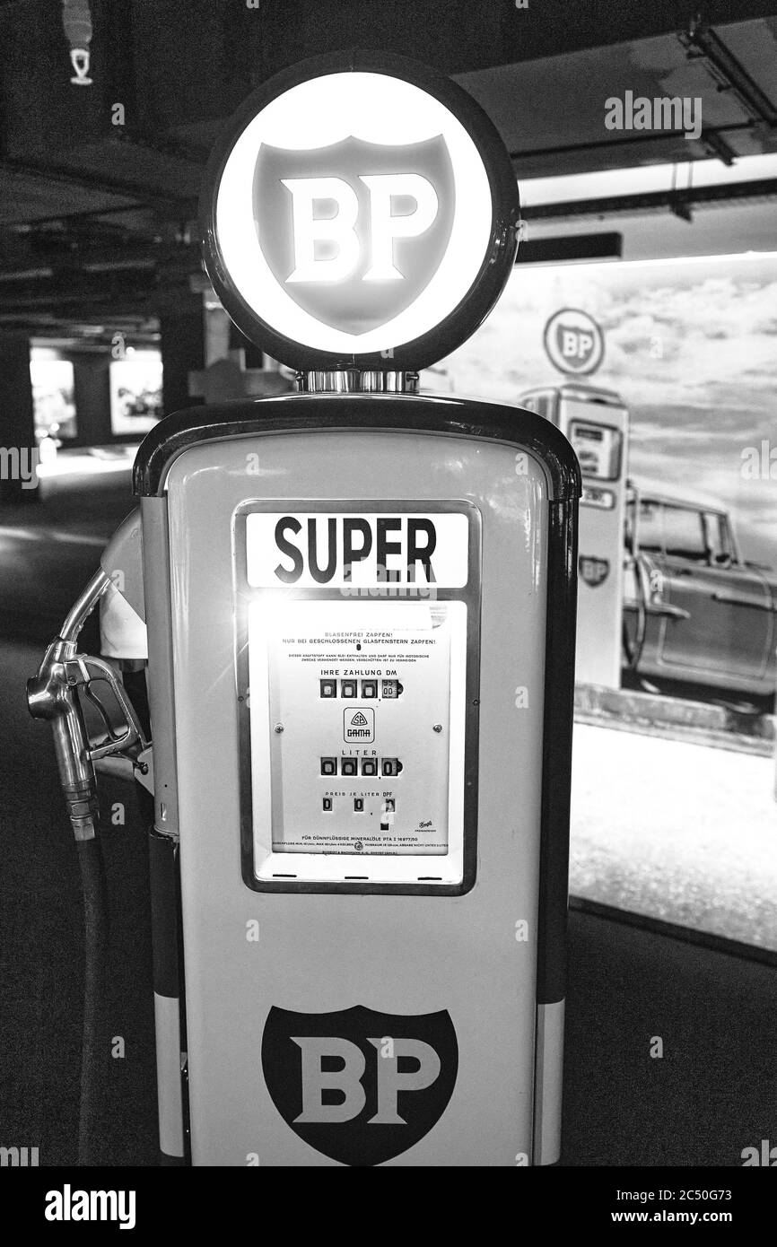 Retro gas station. Antique gas pump. Classic Car exhibition - Heydar Aliyev Center, Baku, Azerbaijan 26,04,2017 Stock Photo