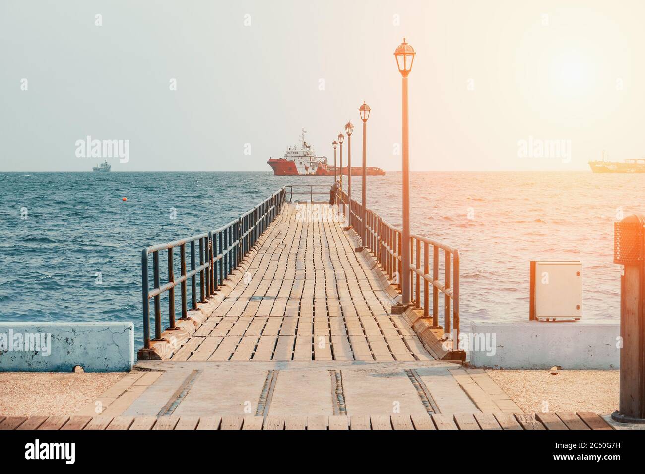 Limassol promenade with wooden pier and sea, Cyprus. Copy space for text. Stock Photo