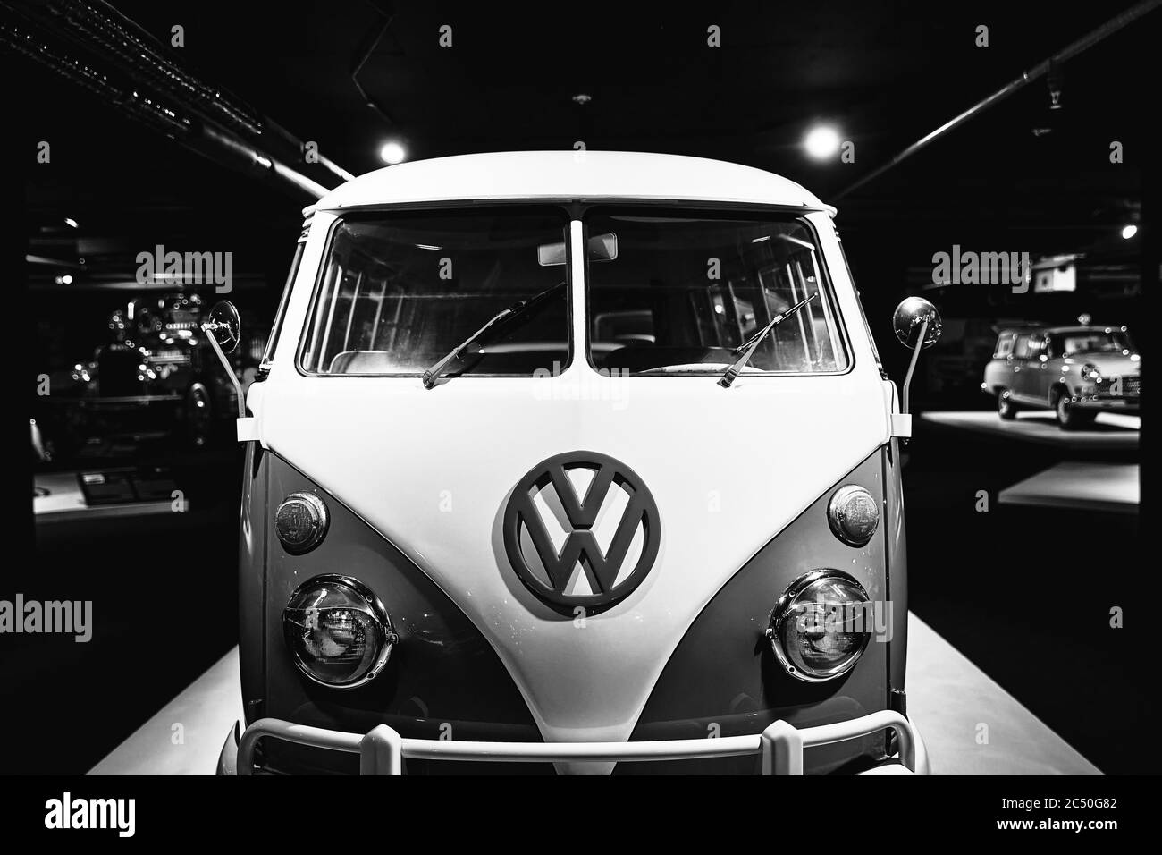 Classic Volkswagen T1. One of the first civilian minivans. popular with hippies. Retro car. Classic Car exhibition - Heydar Aliyev Center, Baku Stock Photo