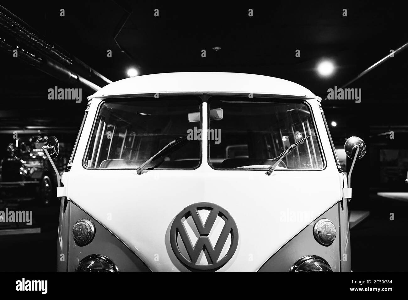 Classic Volkswagen T1. One of the first civilian minivans. popular with hippies..Retro car. Classic Car exhibition - Heydar Aliyev Center, Baku Stock Photo