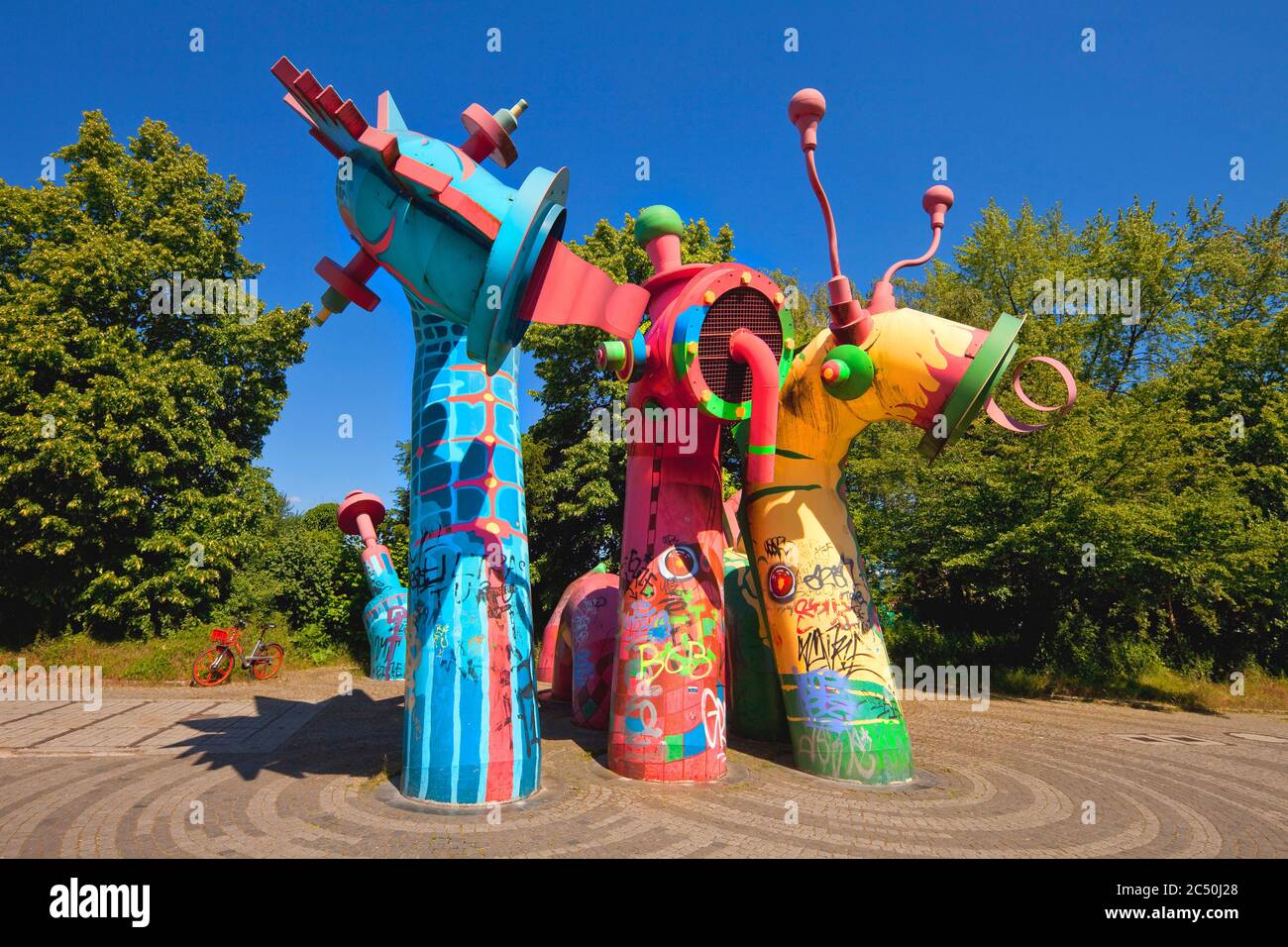 art piece Nessy-Family, the monsters are an artistic air blow system for an subterrestrial duct, Germany, North Rhine-Westphalia, Lower Rhine, Dusseldorf Stock Photo