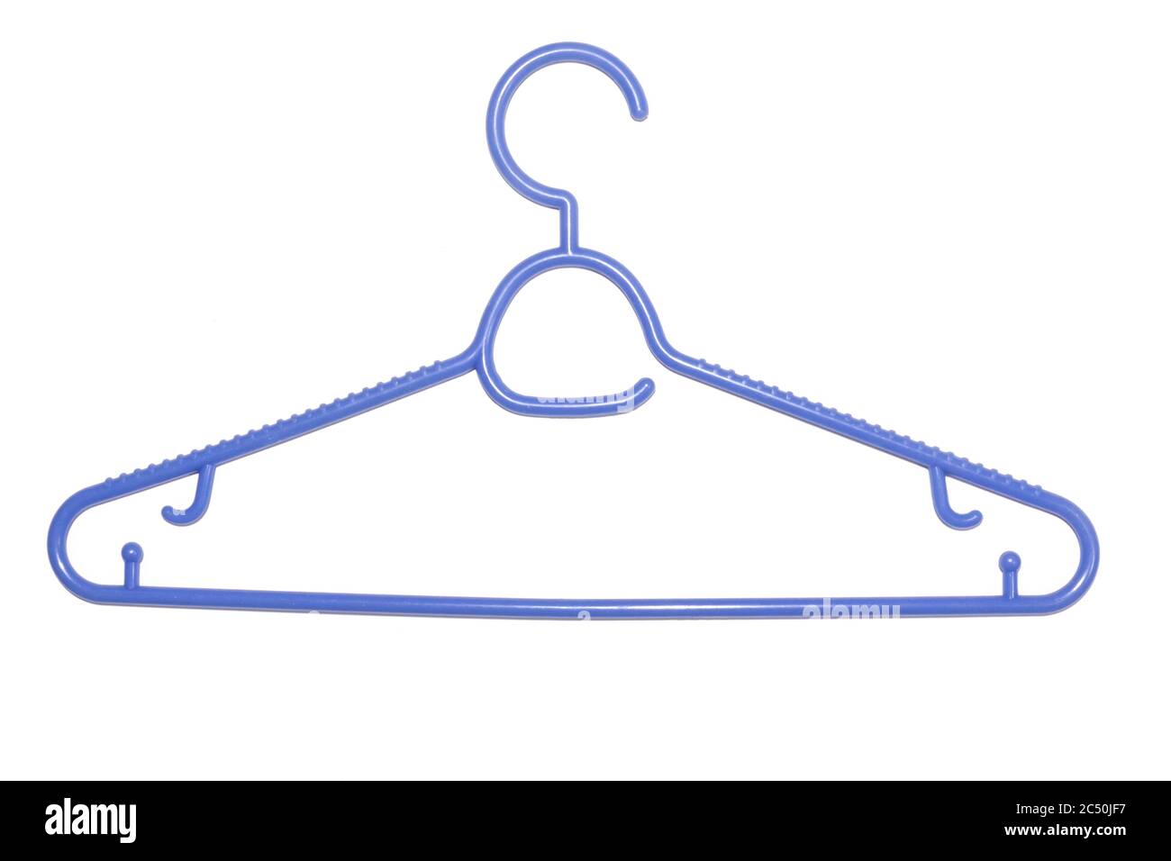 A blue plastic coat hanger isolated on white background. Stock Photo