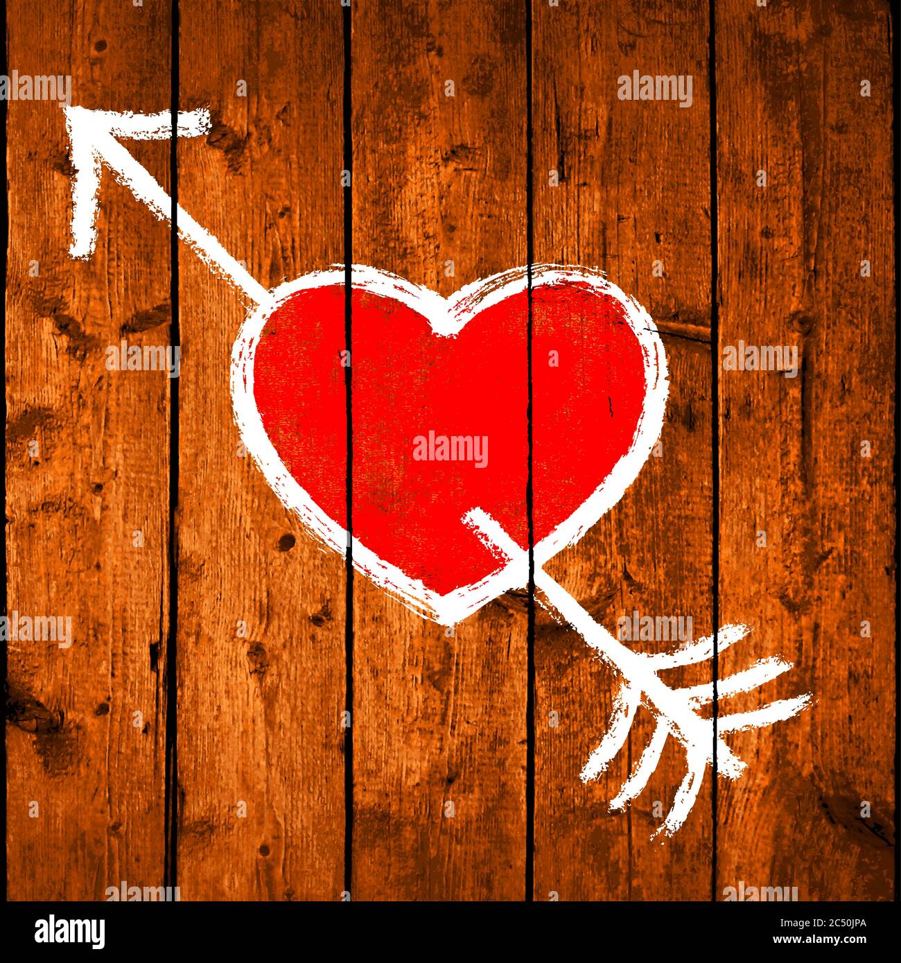 Red heart pierced by an arrow. White love symbol are created with a paint brushstroke on a brown wooden board with realistic texture natural structure Stock Vector