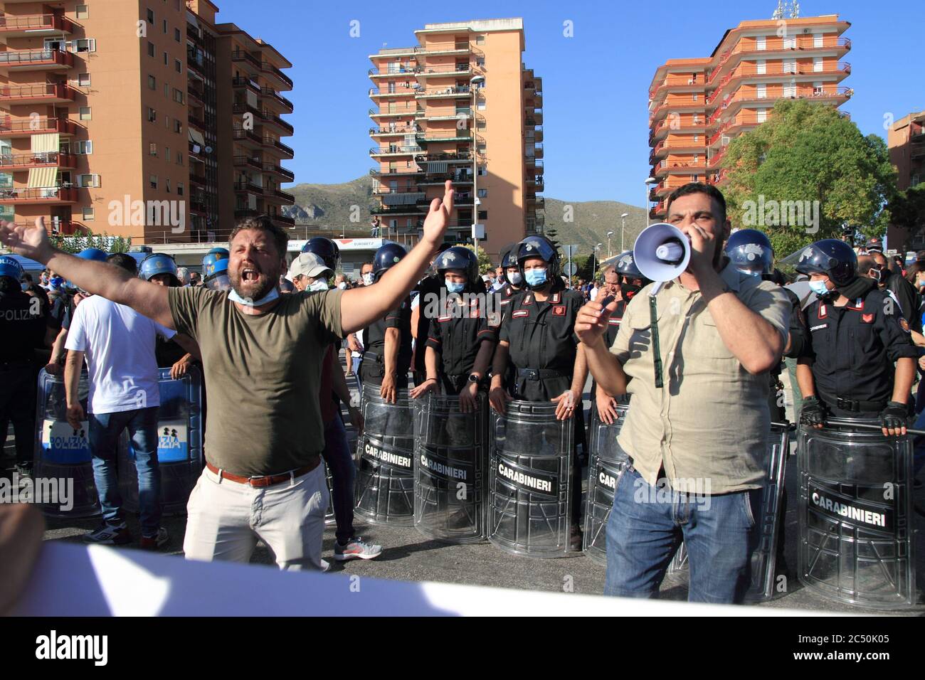 Anti-fascist presidium in conjunction with the visit of the leader of the League Senator Matteo Salvini. Visit born after the declaration of the red zone in the district of the former palaces Cirio because of an outbreak of Covid-19 among many residents of Bulgarian and Italian nationality. There were clashes between law enforcement and opponents of the League leader. The latter have tried in every way to disturb the brief intervention of the politician.Verbal clashes also between the supporters of Matteo Salvini and the protesters of the leader of the League. In a last police charge, a young Stock Photo