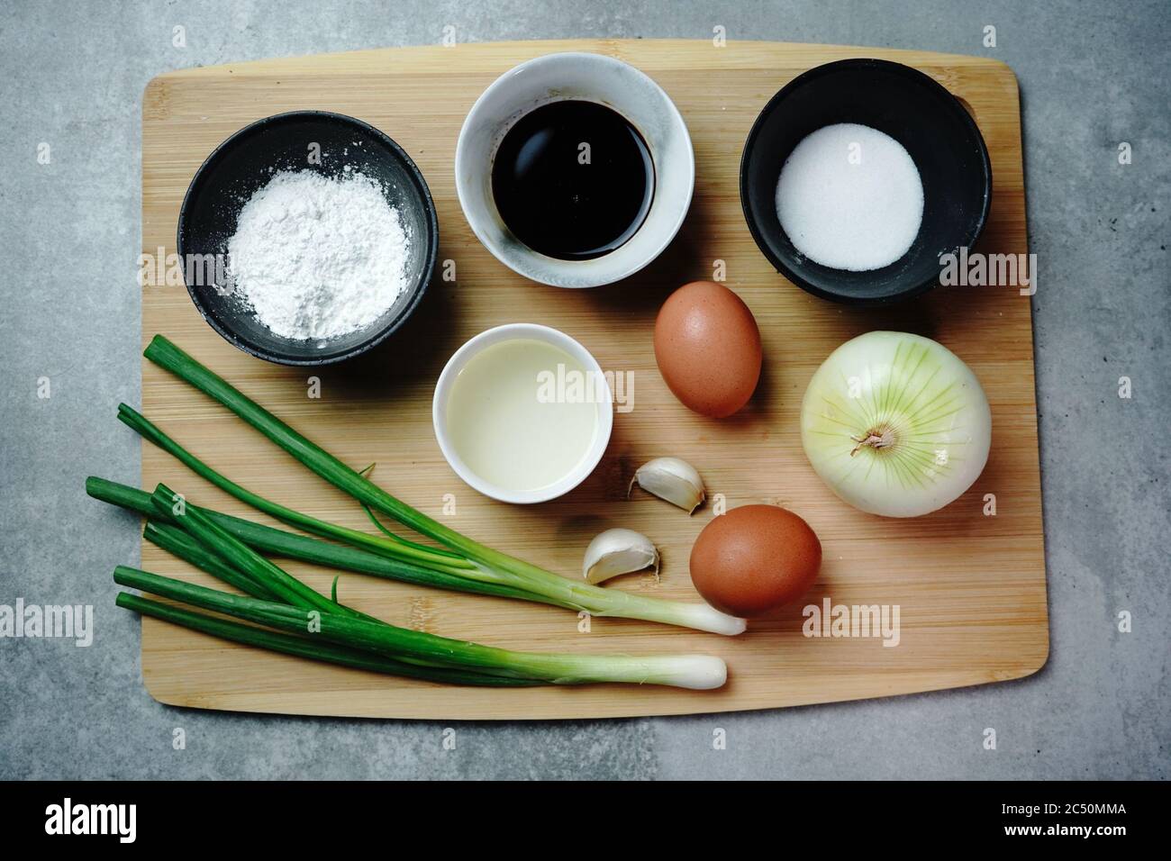 Overhead shot of Cooking ingredients for Chinese fried rice Stock Photo
