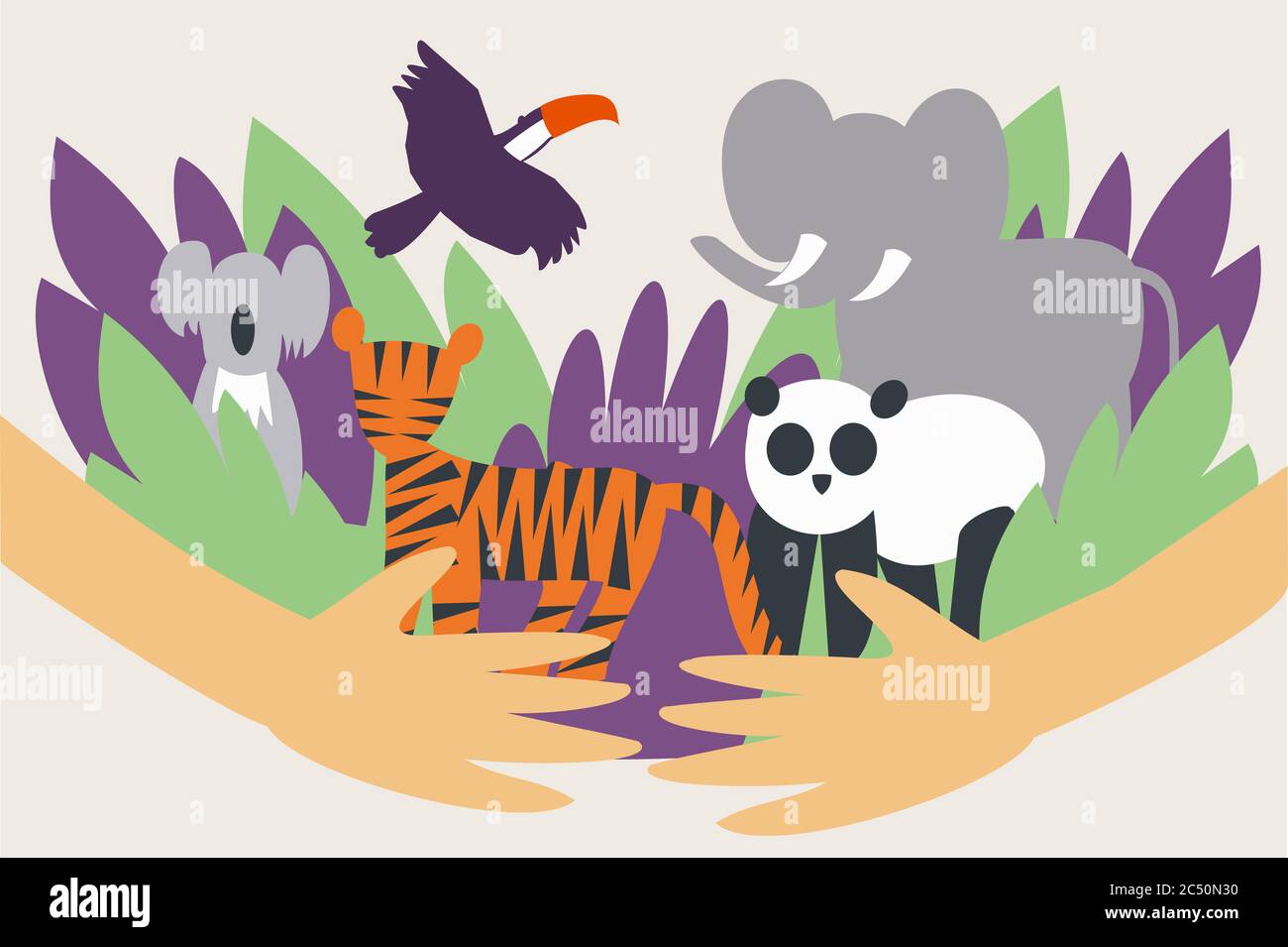 Illustration of hands hugging and protecting wild animals from