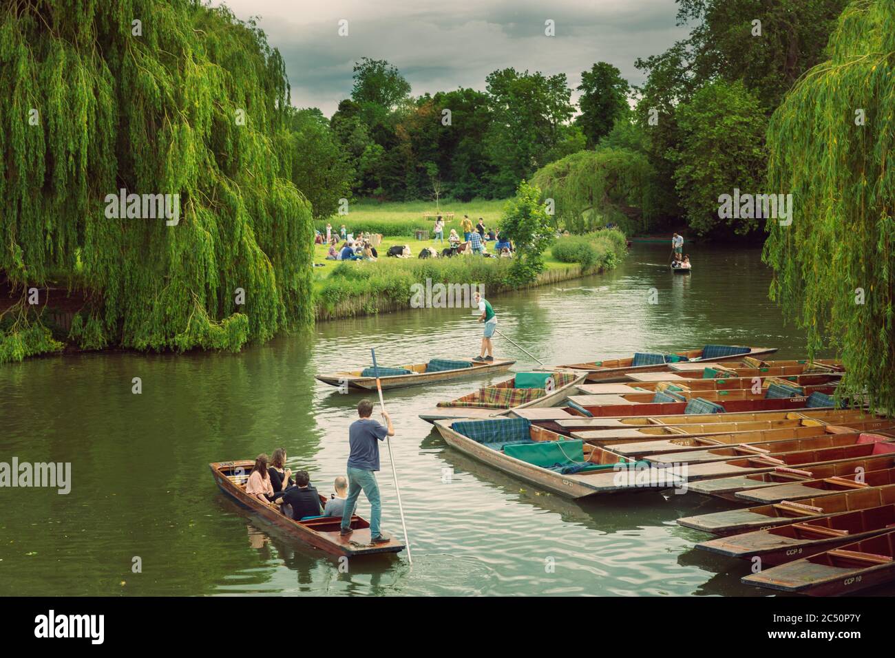 The River Cam in Cambridge of England is best known for punting on the river, flat-bottom boats propelled by a long pole. Stock Photo