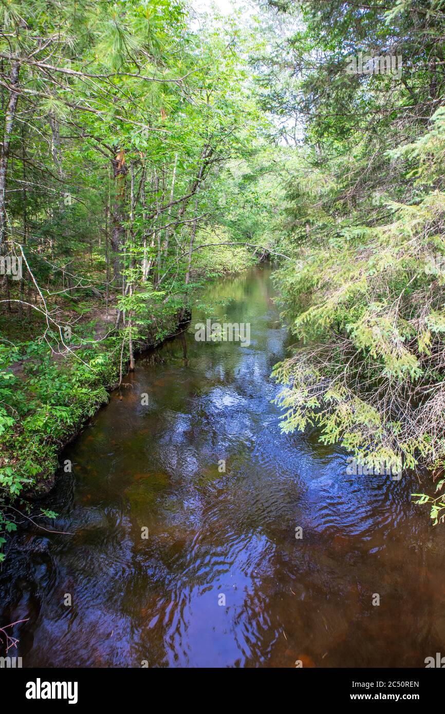 Veterans Falls, Memorial Park, Crivitz, Wisconsin June of 2020, on the Thunder River just above the falls, vertical Stock Photo