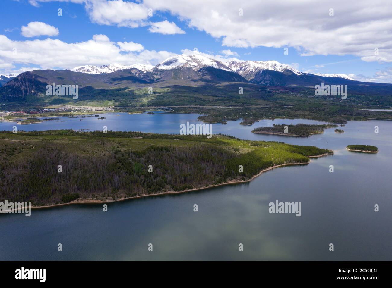 Aerial view above Dillon Reservoir in the Rocky Mountains in Summit