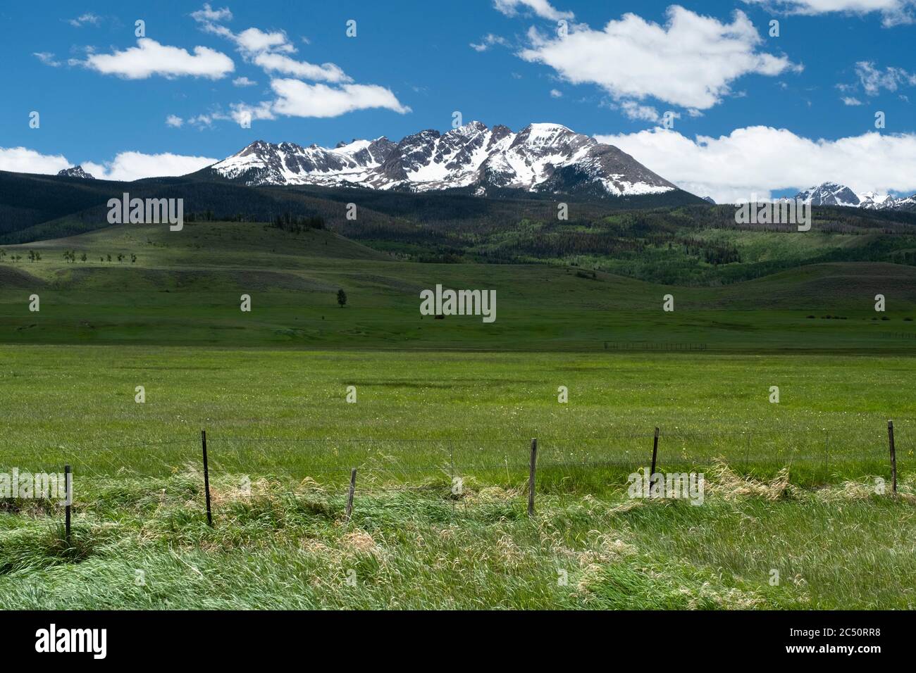 Pasture below the Gore Range in the Blue River Valley of Summit County, Colorado Stock Photo