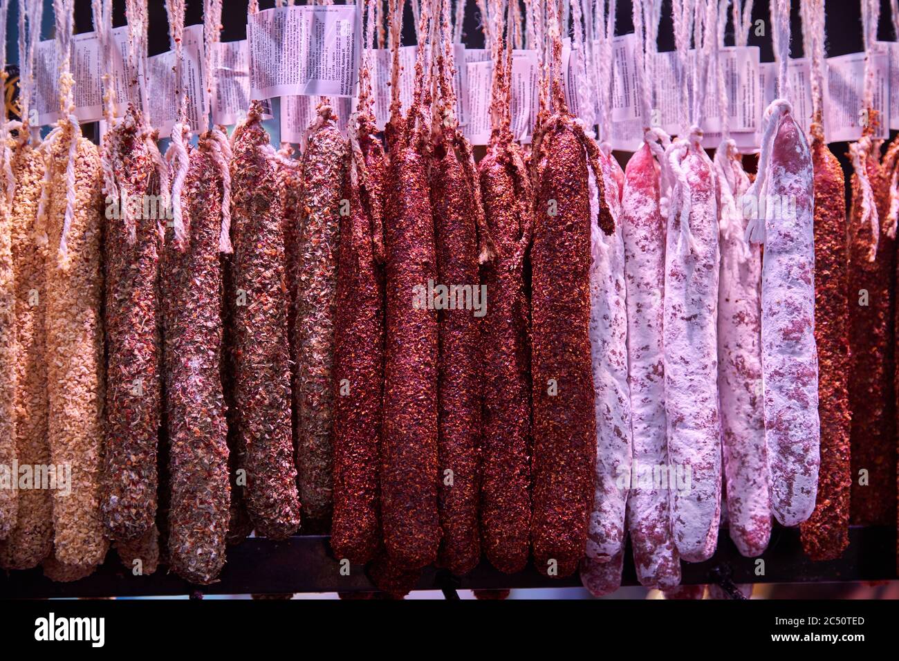Cured meats at Mercat de la Boqueria, a famous food market just off La