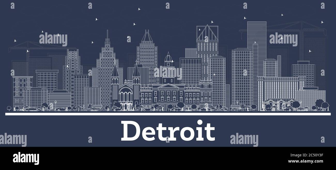 Outline Detroit Michigan City Skyline with White Buildings. Vector Illustration. Business Travel and Concept with Historic Architecture. Detroit. Stock Vector