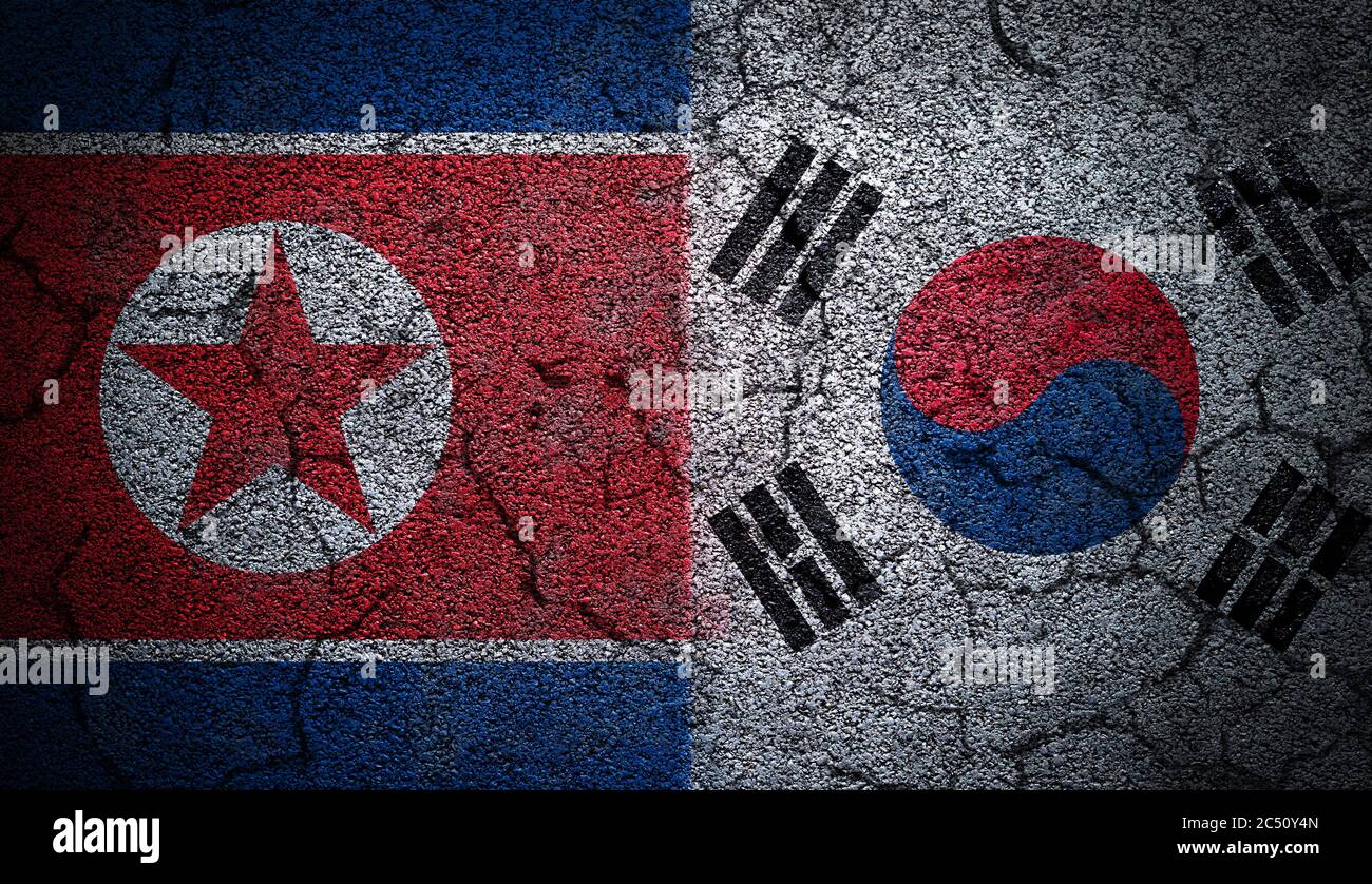 3D rendering of dual North Korea and South Korea flags painted on concrete wall in grunge effect with deep cracks to illustrate the broken or tense re Stock Photo