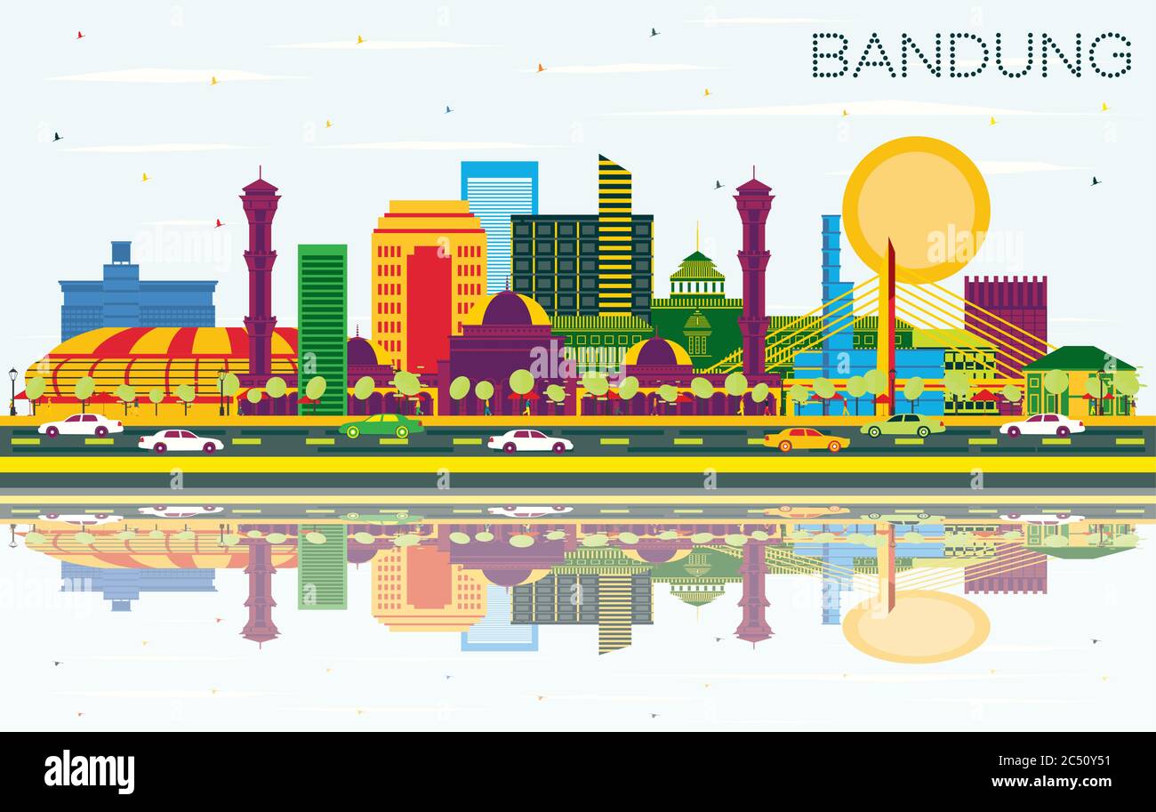 Bandung Indonesia City Skyline With Color Buildings Blue Sky And Reflections Vector 4103