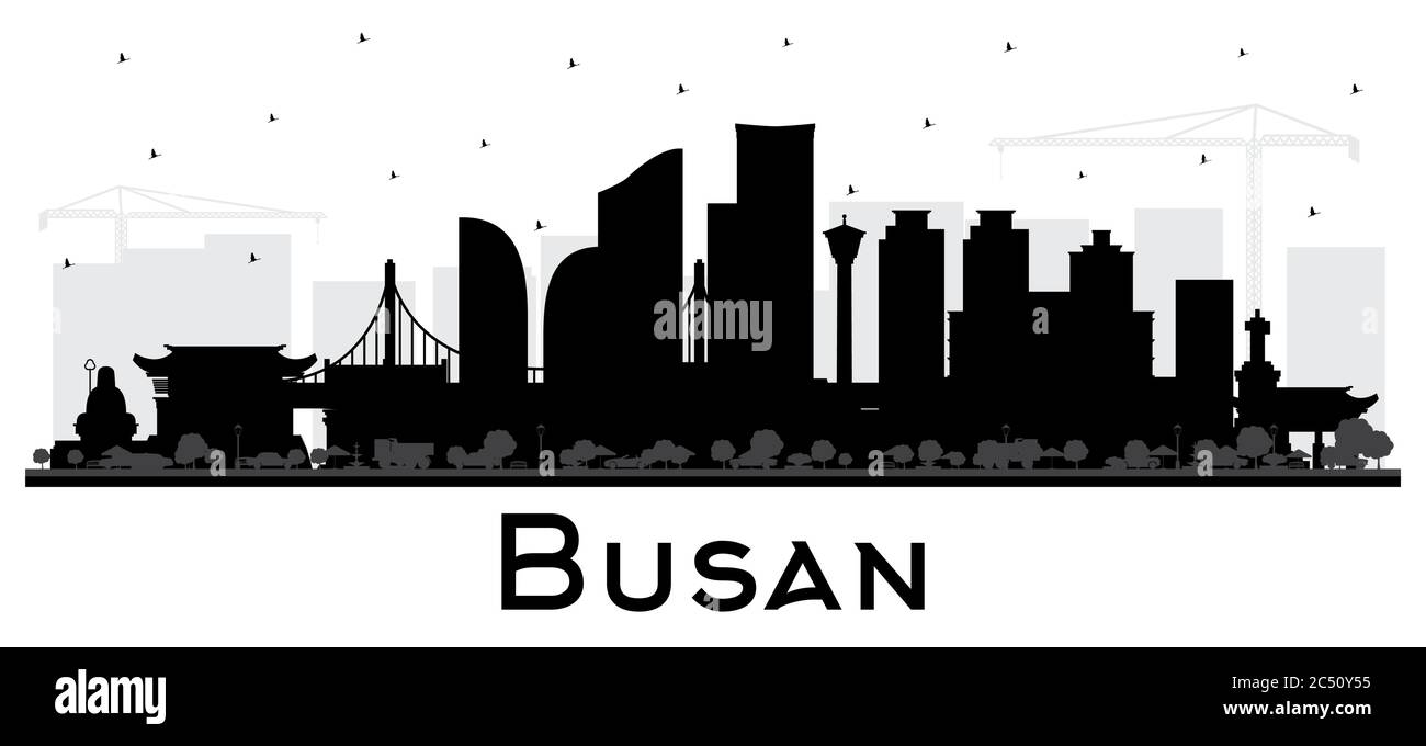 Busan South Korea City Skyline Silhouette with Black Buildings Isolated on White. Vector Illustration. Tourism Concept. Stock Vector