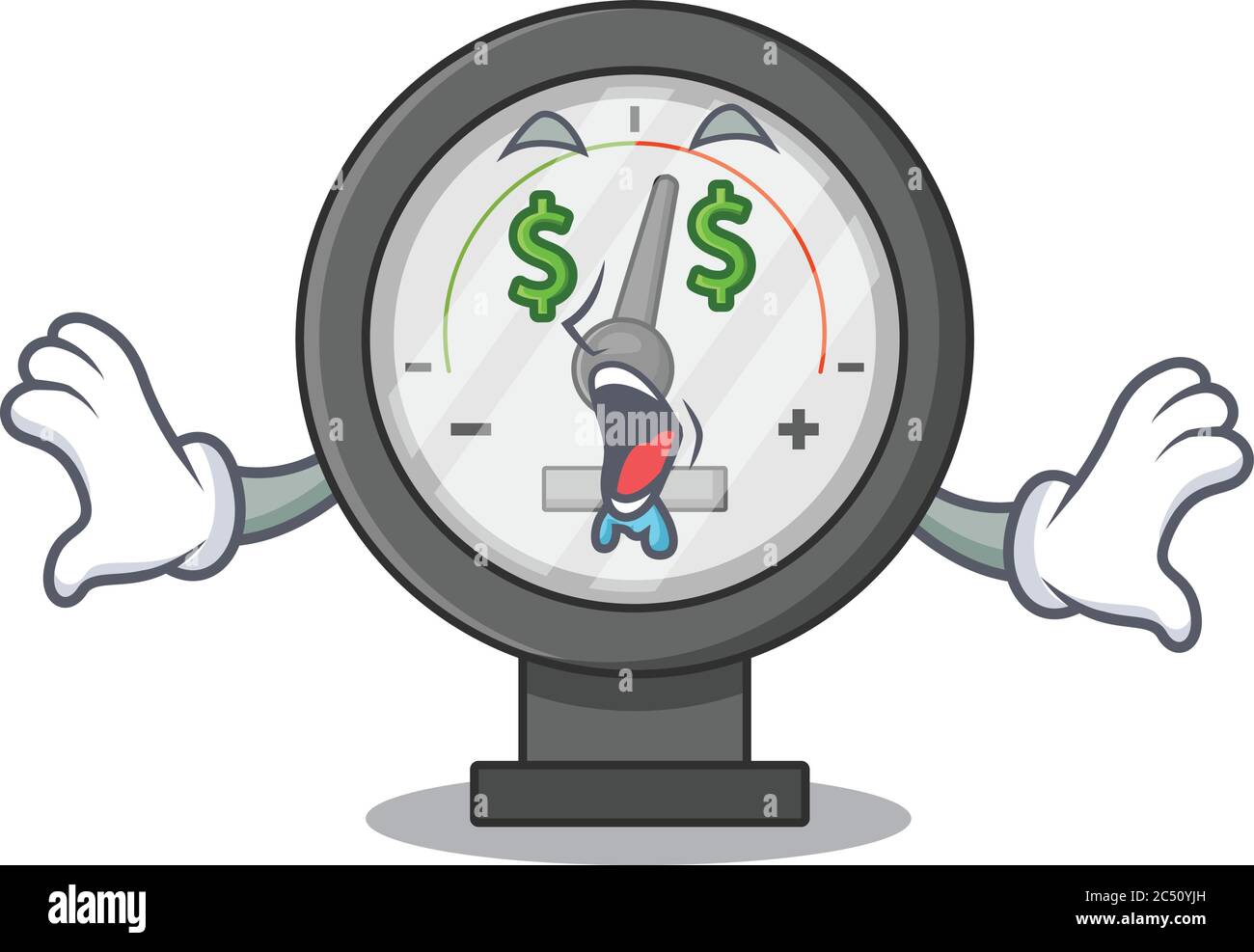 happy rich cartoon concept of pressure gauge with money eyes Stock