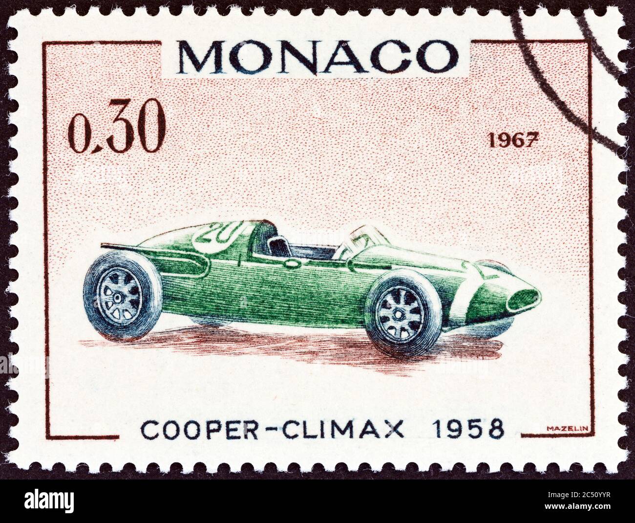 MONACO - CIRCA 1967: A stamp printed in Monaco shows Cooper-Climax Grand Prix racing car of 1958, winner of Monaco Grand Prix, circa 1967. Stock Photo