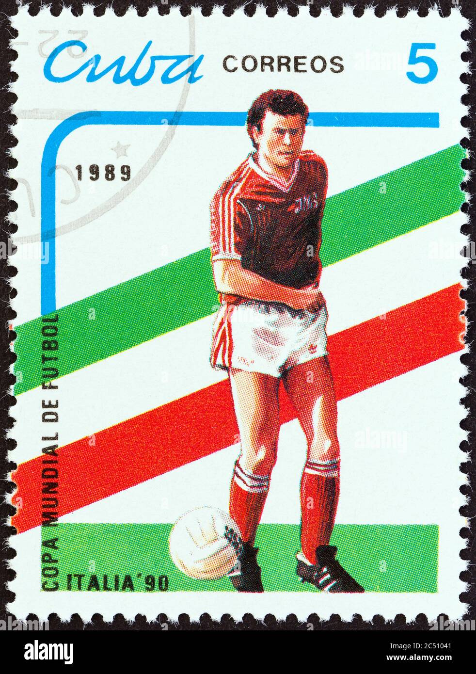 CUBA - CIRCA 1989: A stamp printed in Cuba from the 'World Cup Football Championship, Italy 1990' issue shows footballer, circa 1989. Stock Photo