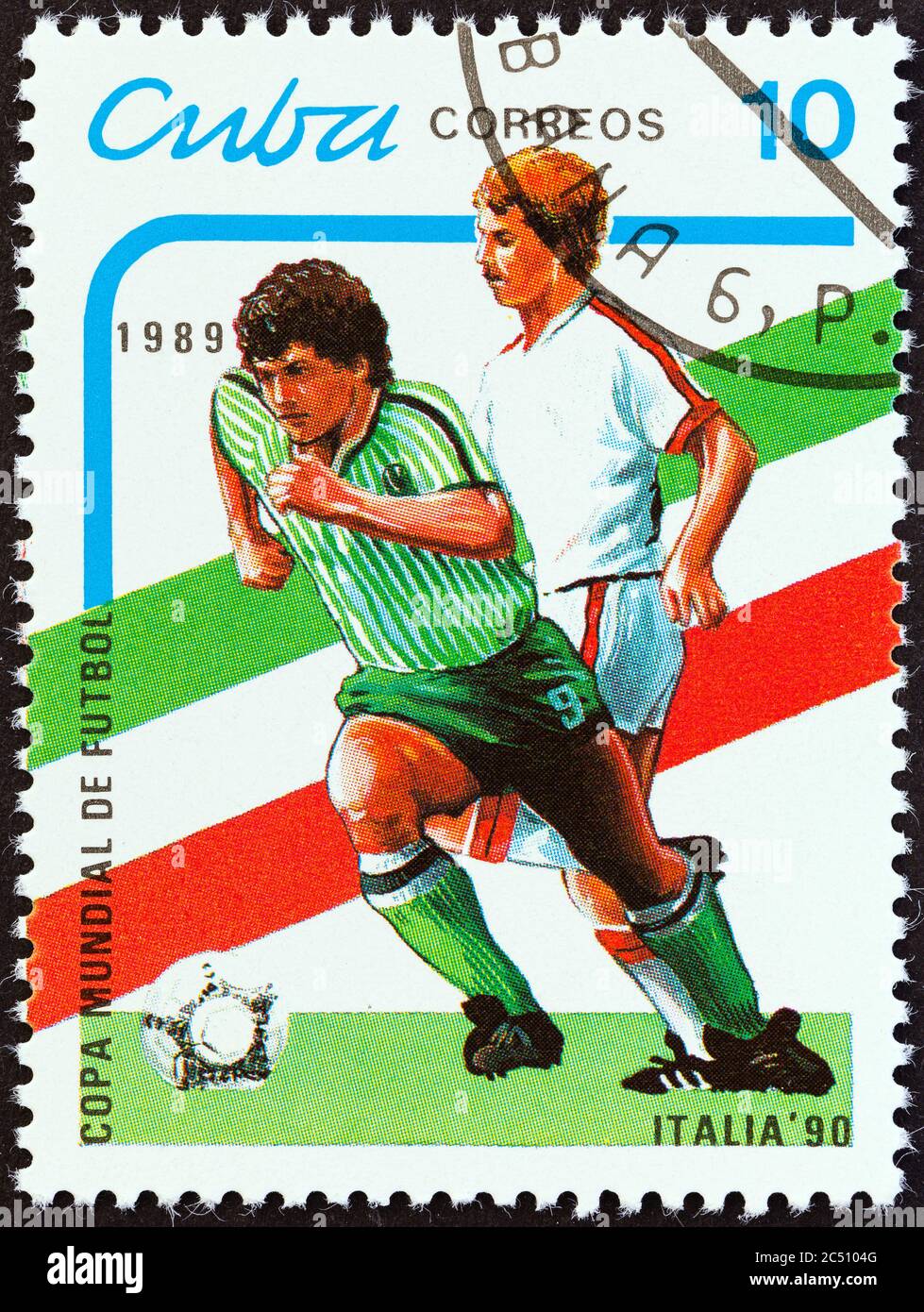 CUBA - CIRCA 1989: A stamp printed in Cuba from the 'World Cup Football Championship, Italy 1990' issue shows footballers, circa 1989. Stock Photo